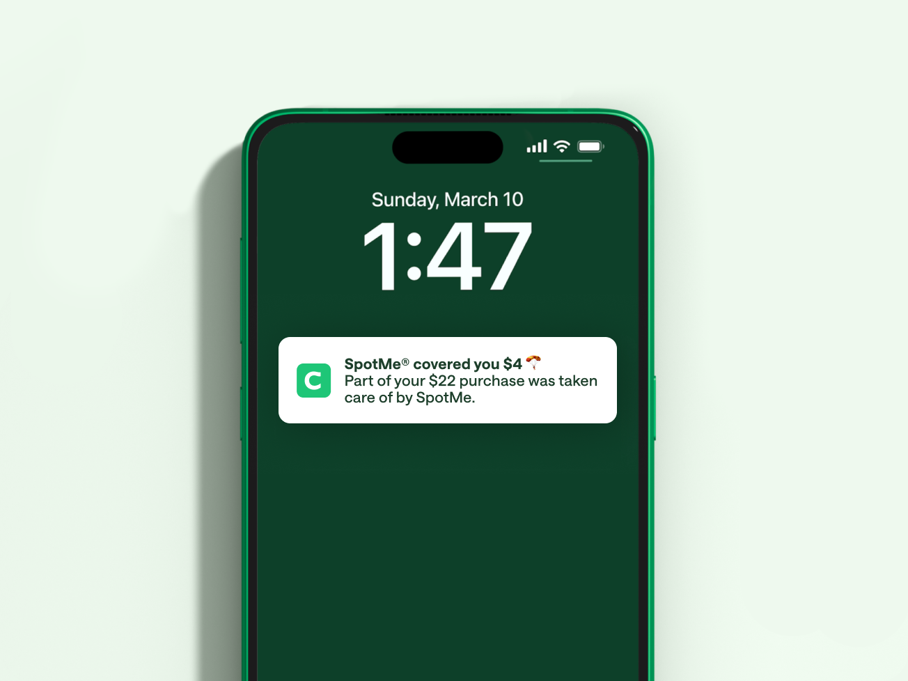 Chime SpotMe alert on phone screen notification covering $4.