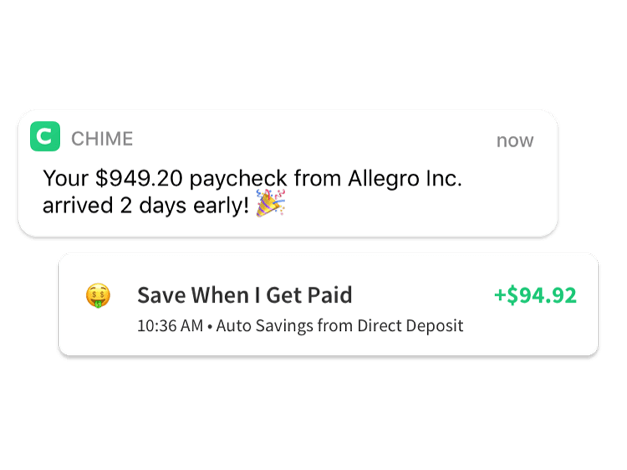 Chime banking app notifications showing early paycheck deposit and automatic savings from direct deposit.