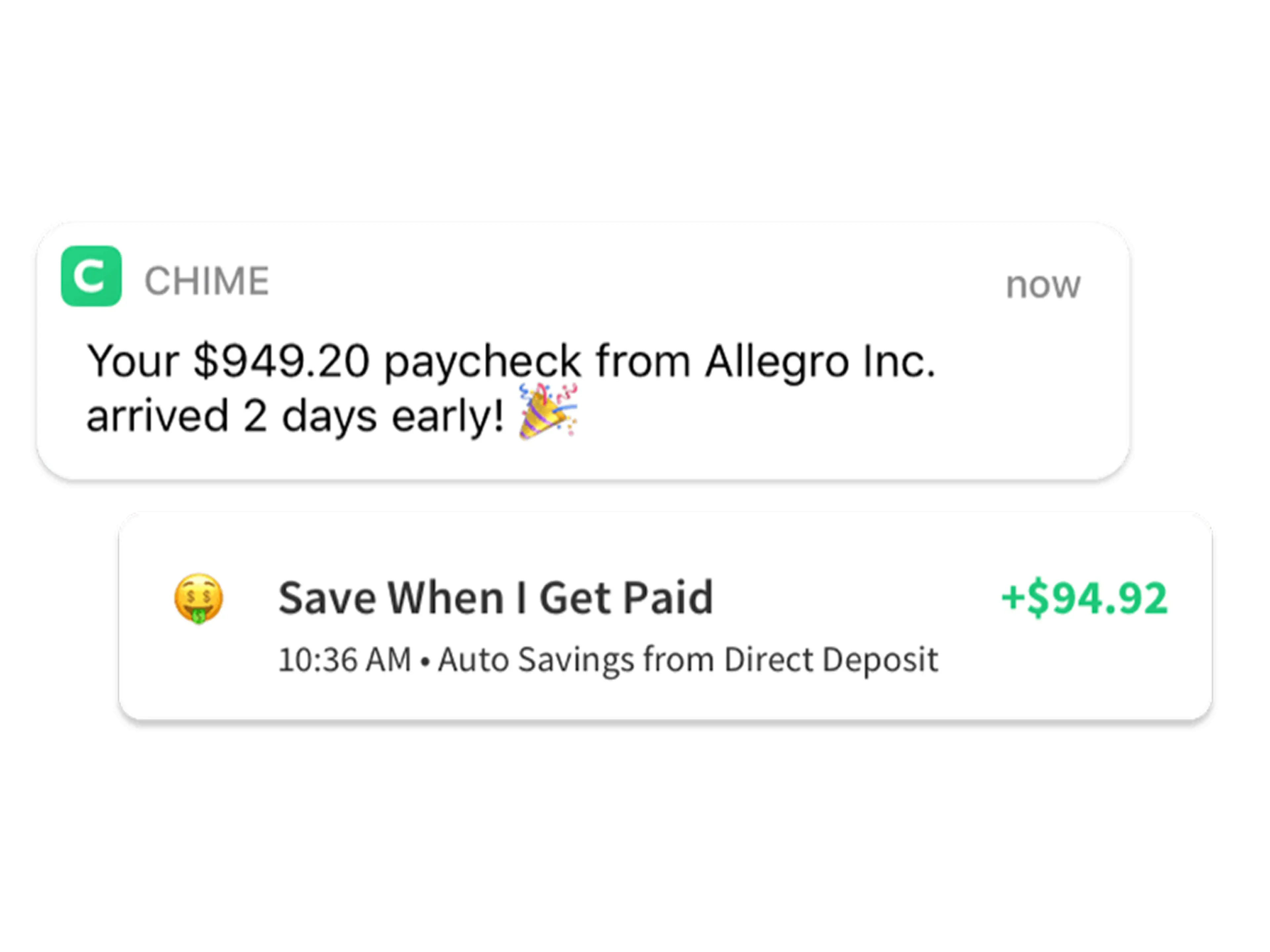 Chime banking app notifications showing early paycheck deposit and automatic savings from direct deposit.