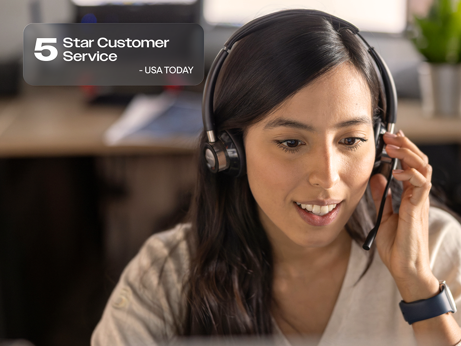 Smiling woman wearing a headset at a desk, with text overlay reading "5 Star Customer Service - USA TODAY."