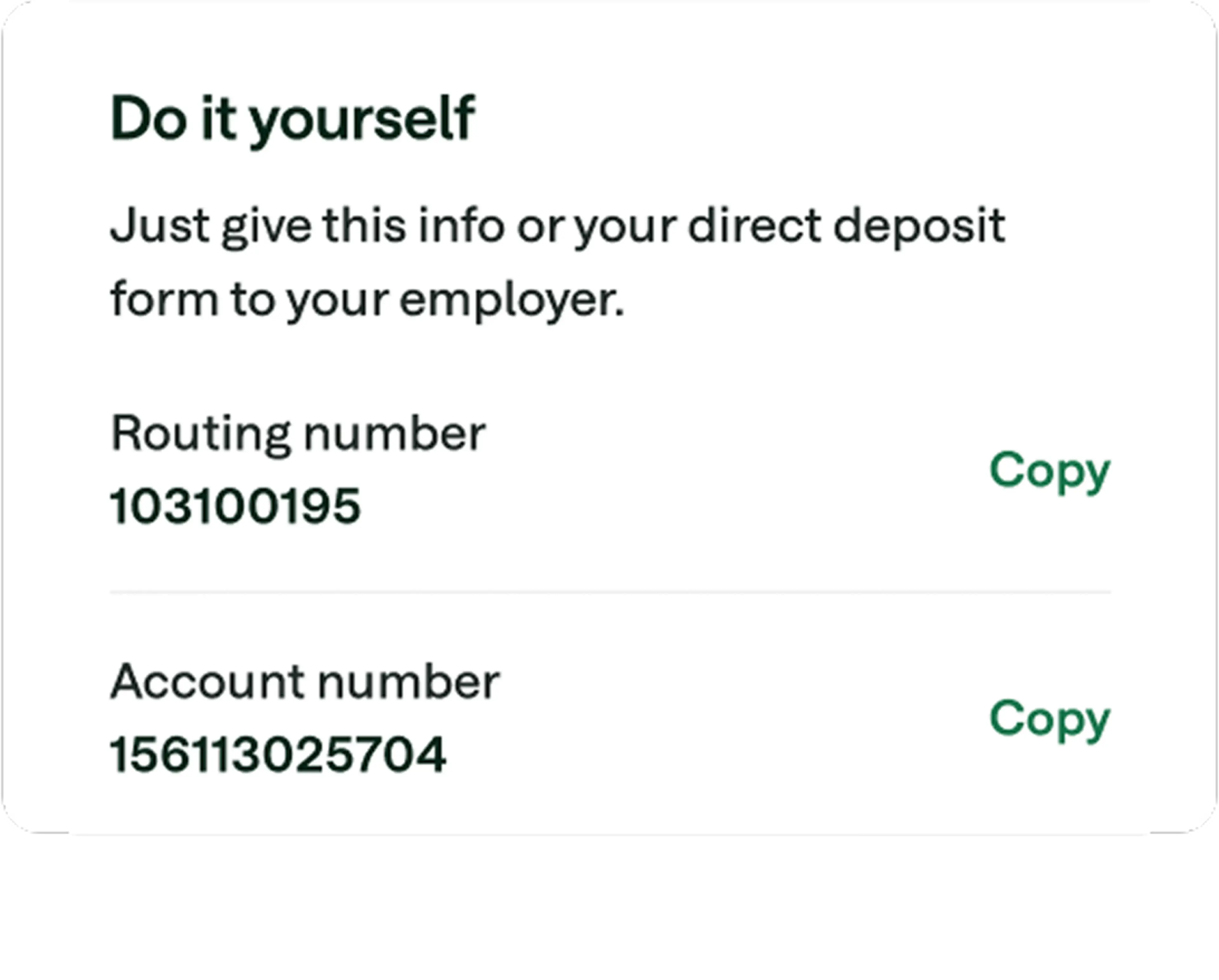 Setting up direct deposit app screen that features routing and account numbers to give to your employer.