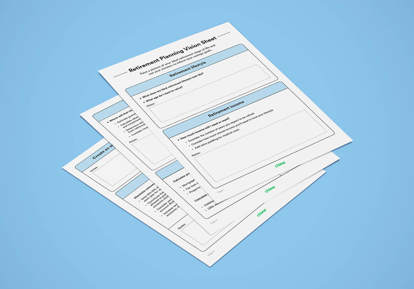 A mockup photo shows a printable retirement planning worksheet.