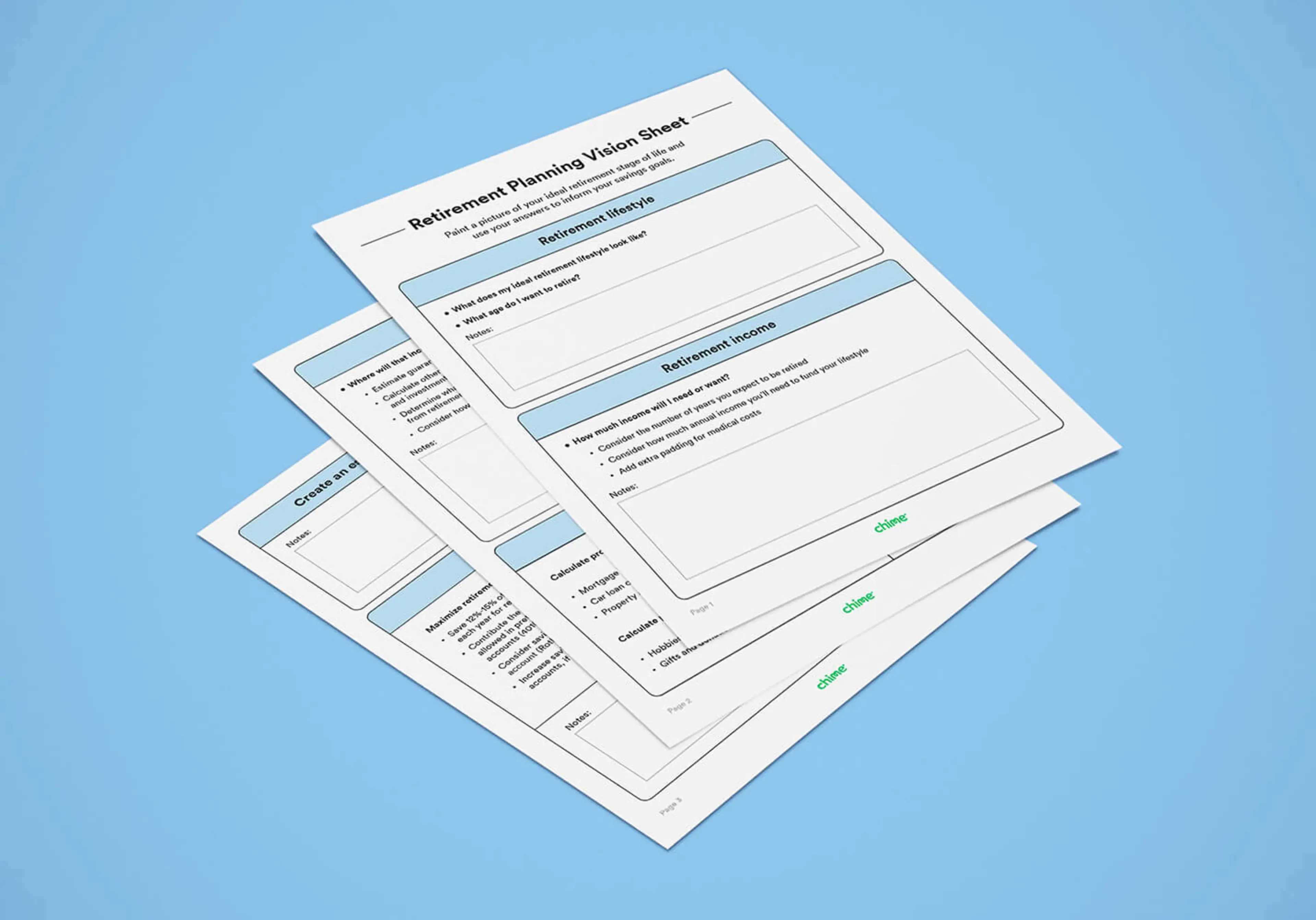 A mockup photo shows a printable retirement planning worksheet.