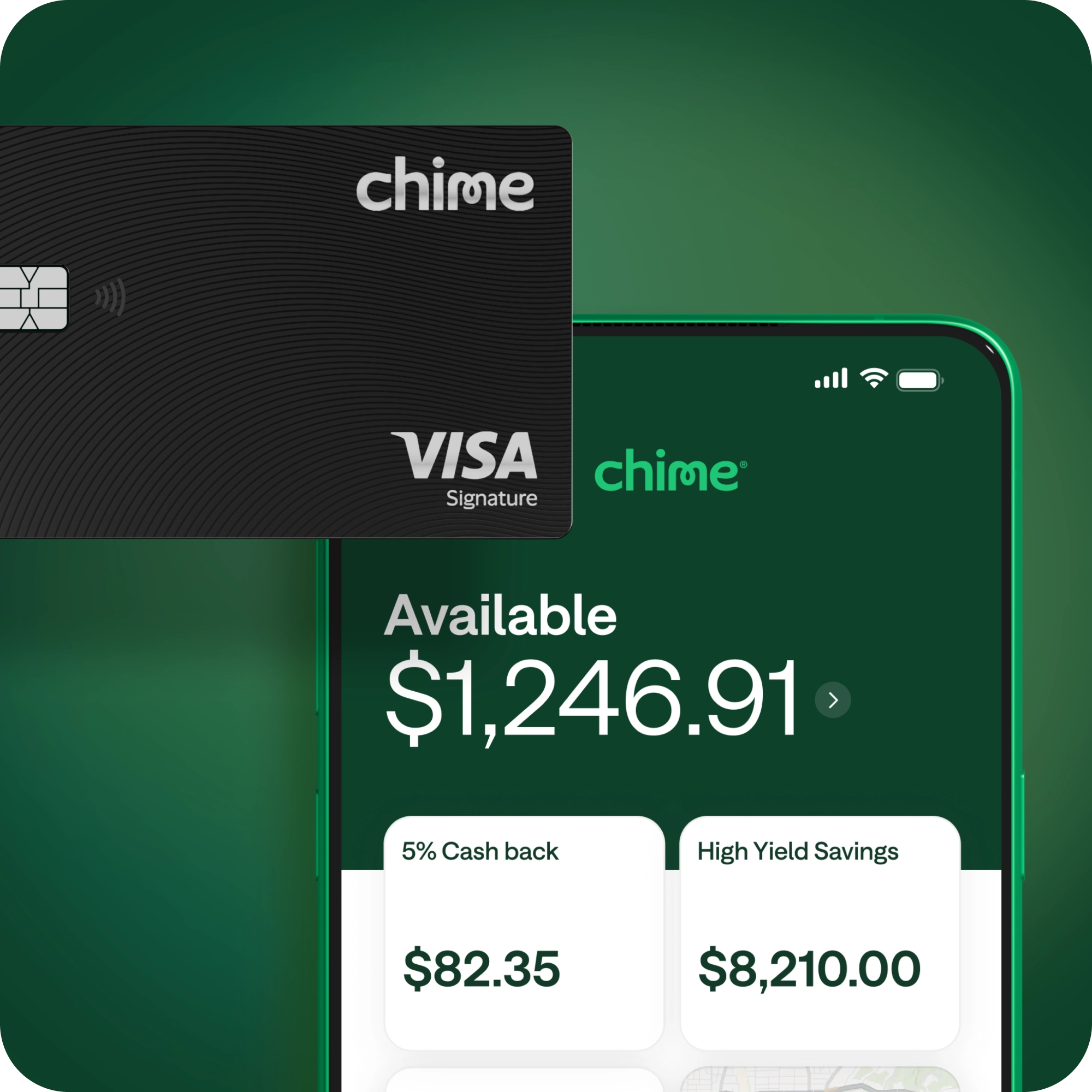 Black Chime Visa card next to smartphone showing banking mobile app with $1,246.91 balance, Get Paid Early and High Yield Savings.