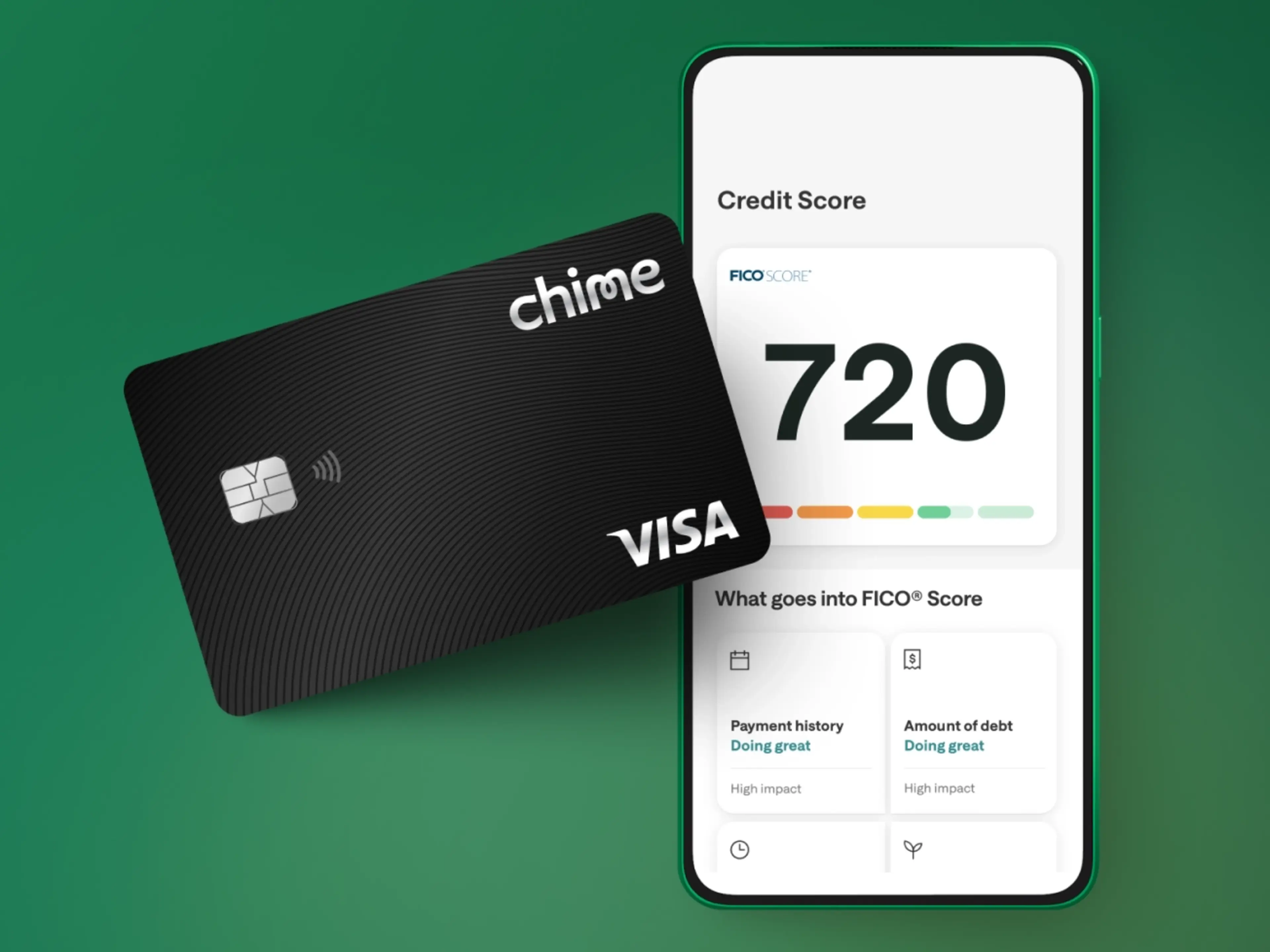 Black Chime Visa card beside a smartphone displaying a FICO credit score of 720 on a green background.