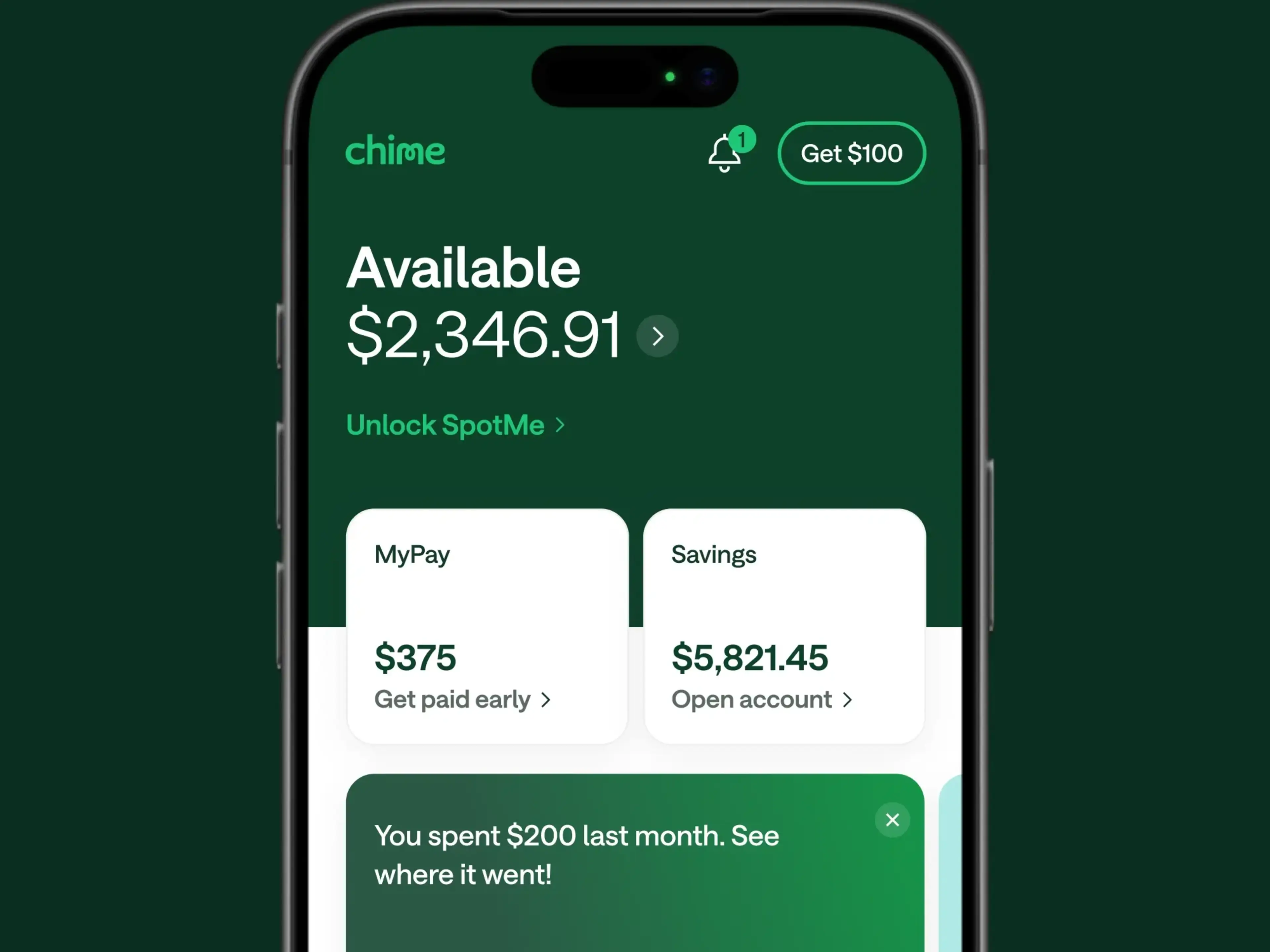 Chime app on a smartphone showing available balance of $2,346.91, MyPay $375, and Savings $5,821.45 on a green background.