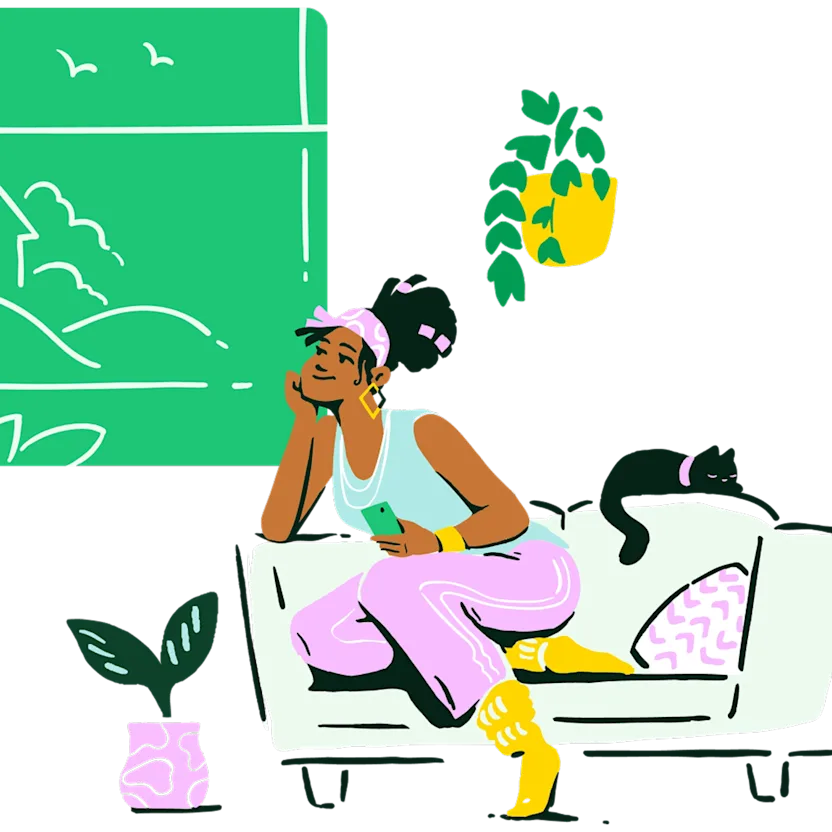 Illustration of a woman sitting on a couch surrounded by plants and a cat, looking out the window.