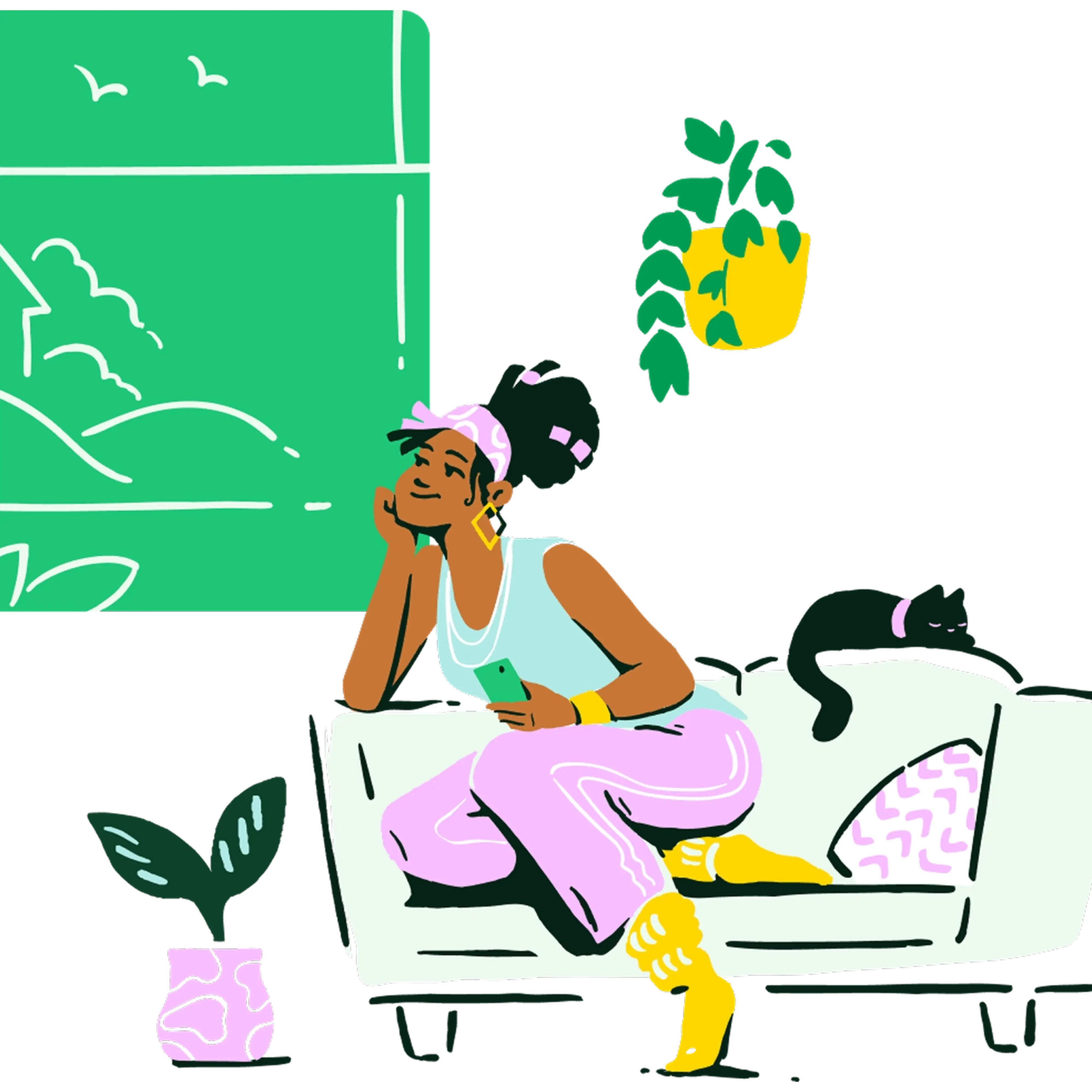 Illustration of a woman sitting on a couch surrounded by plants and a cat, looking out the window.