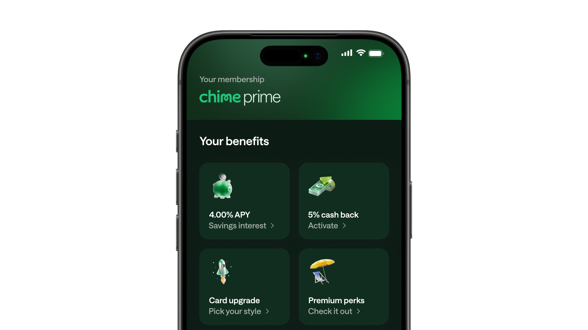 Smartphone displaying Chime Prime membership benefits: 4.00% APY savings, 5% cash back, card upgrade, and premium perks.