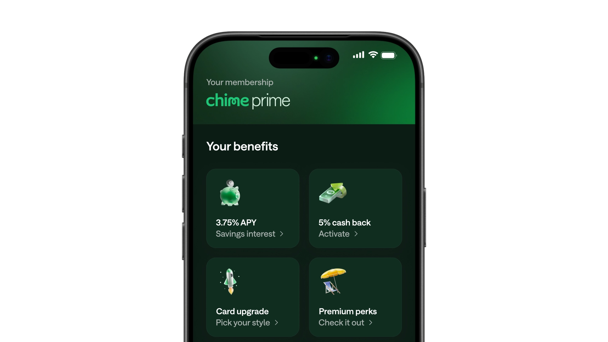 Smartphone displaying Chime Prime membership benefits: 3.75% APY savings, 5% cash back, card upgrade, and premium perks.