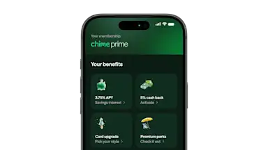 Smartphone displaying Chime Prime membership benefits: 3.75% APY savings, 5% cash back, card upgrade, and premium perks.