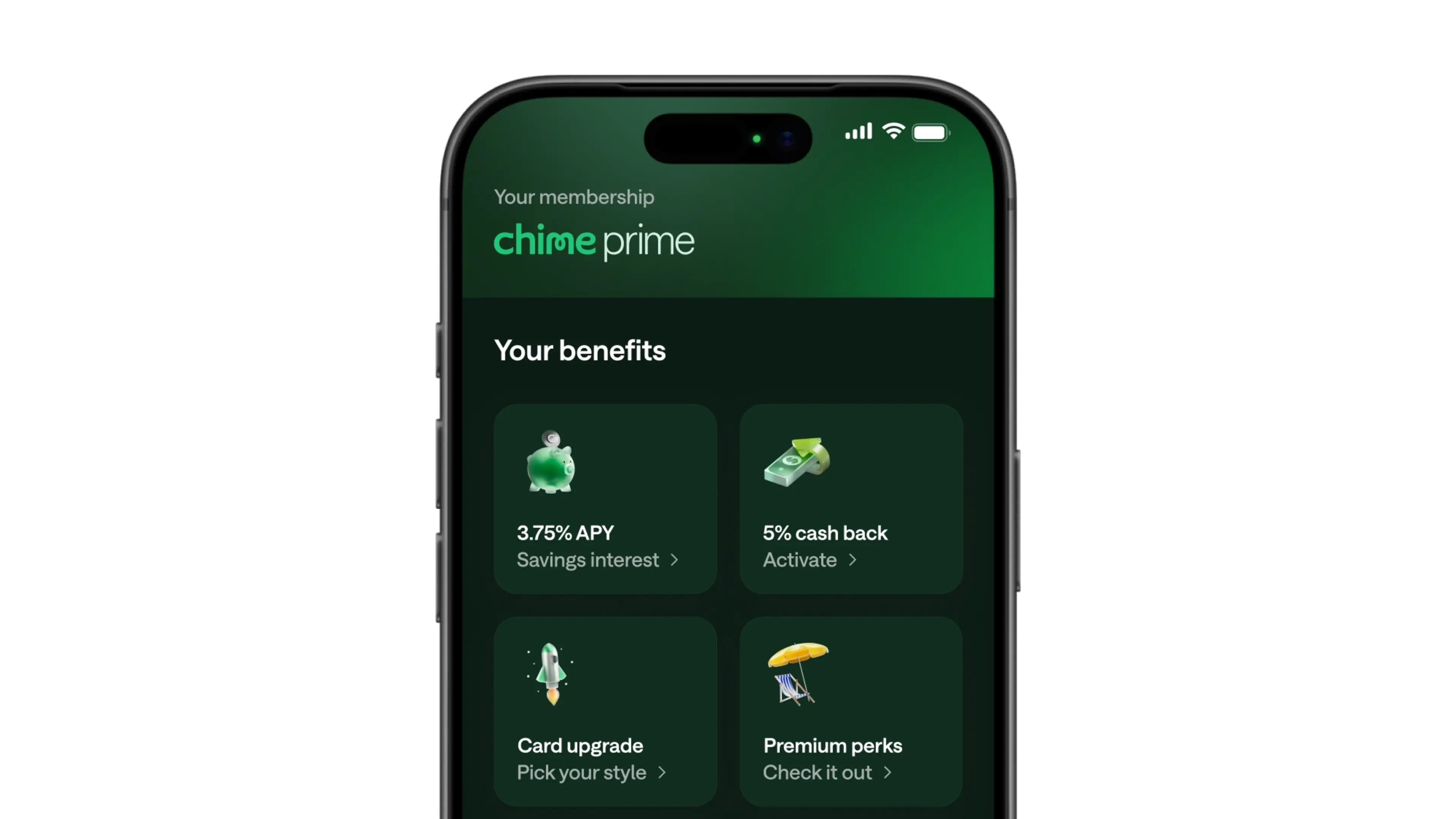 Smartphone displaying Chime Prime membership benefits: 3.75% APY savings, 5% cash back, card upgrade, and premium perks.