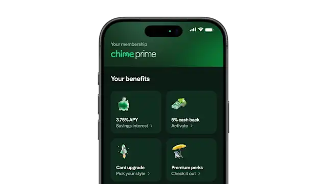 Smartphone displaying Chime Prime membership benefits: 3.75% APY savings, 5% cash back, card upgrade, and premium perks.