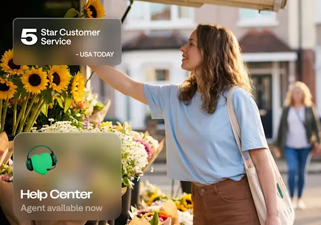 A smiling woman in a blue shirt reaches for sunflowers at an outdoor market, with overlays noting 5-star service and a Help Center.