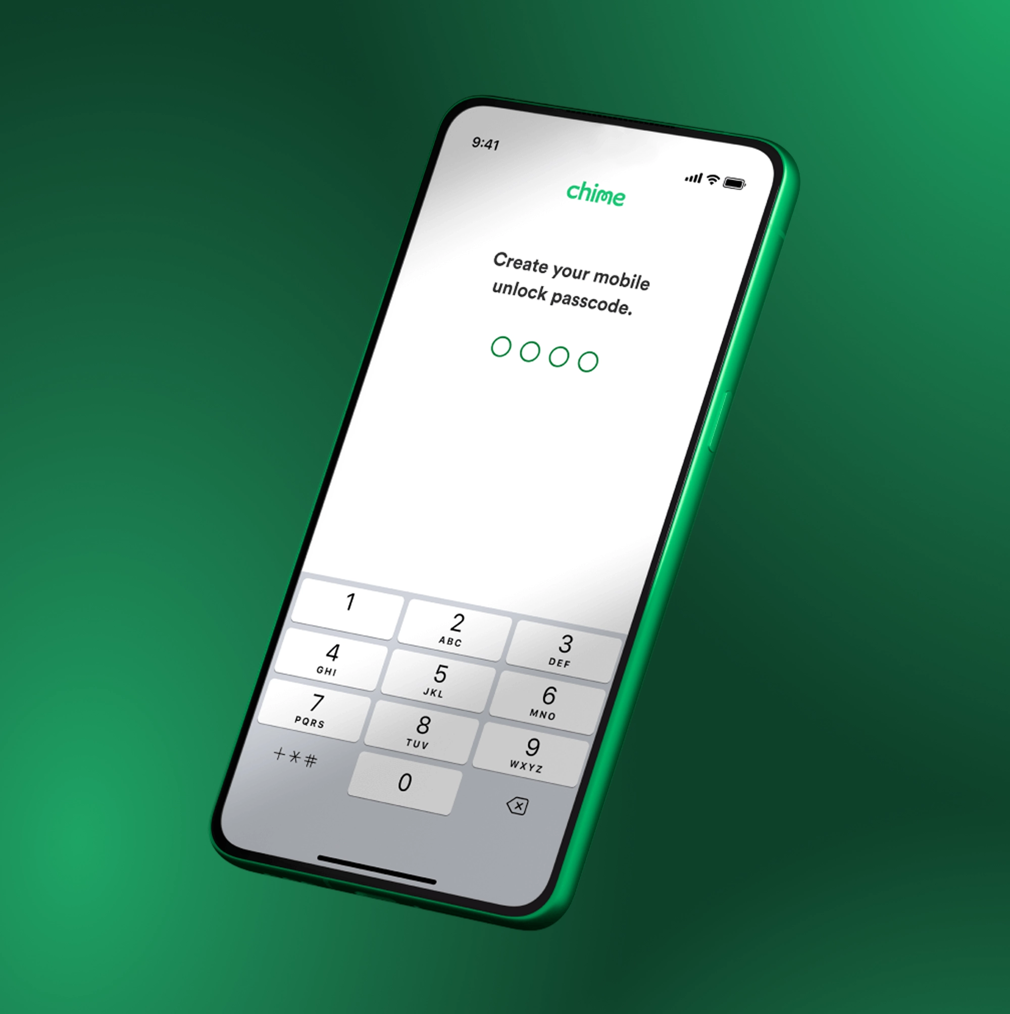 Smartphone displaying Chime banking app passcode creation screen with numeric keypad on bright green background.