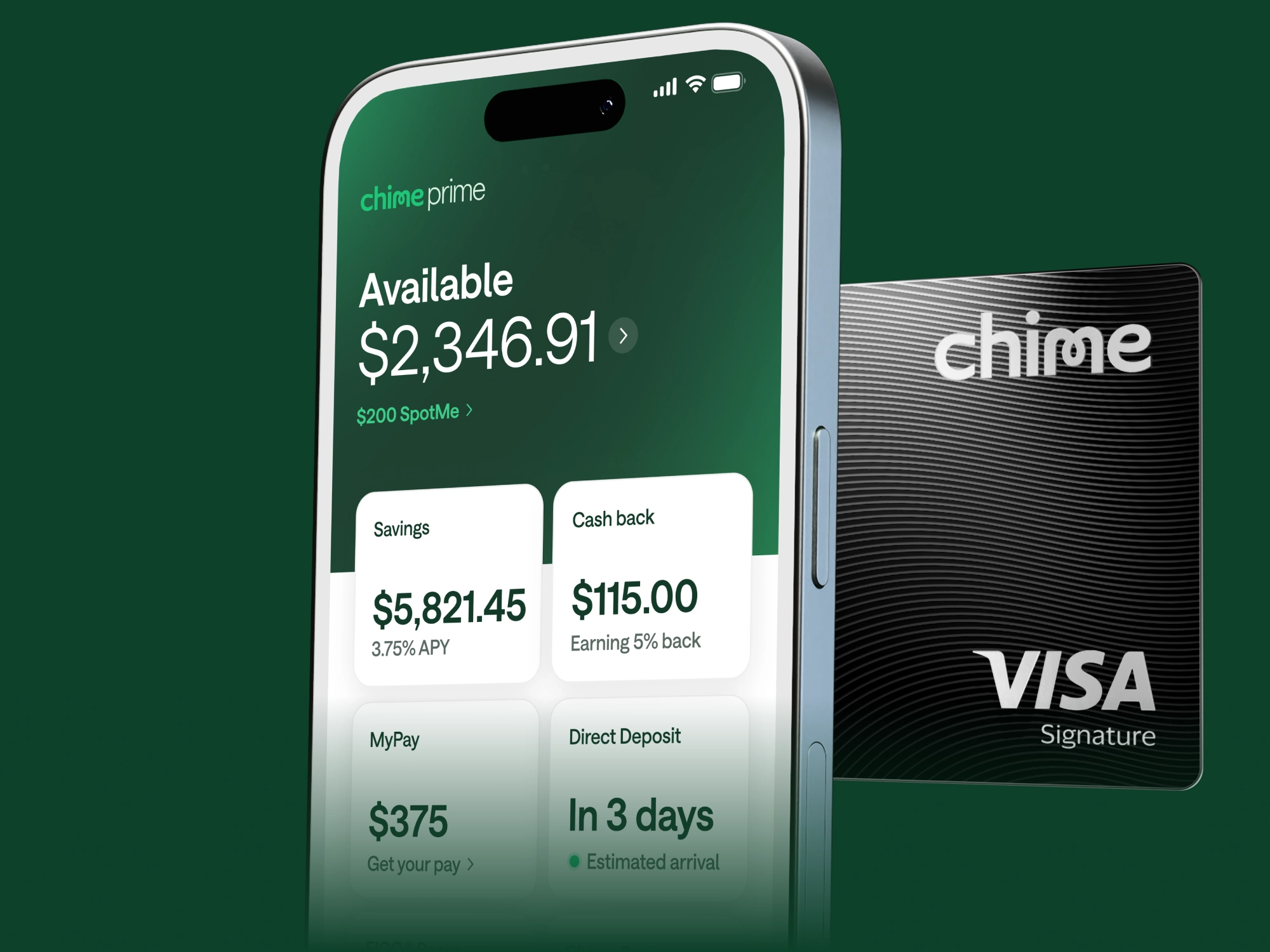 Chime Prime app on a smartphone showing account balance, savings, and cash back, alongside a Chime Visa Signature card.