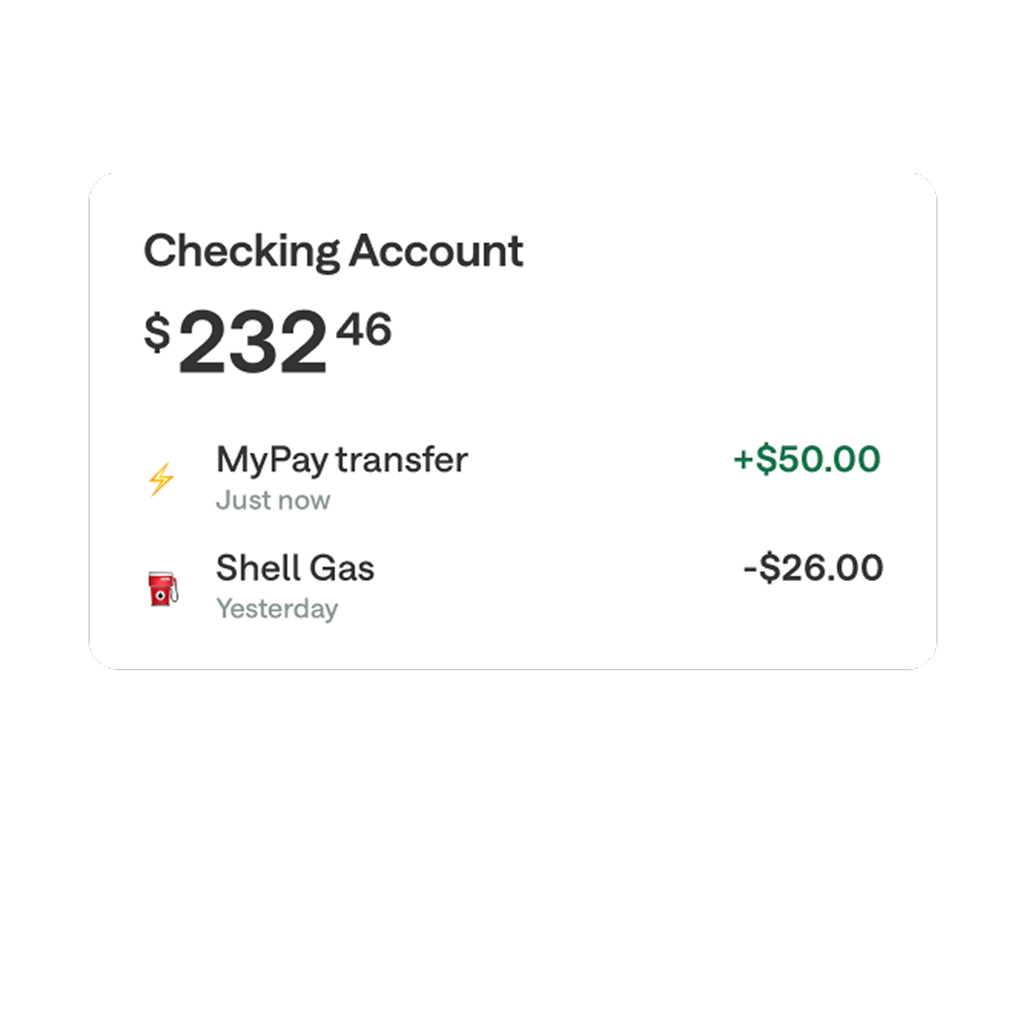 Chime app screen showing checking account balance of $232.46 with recent MyPay deposit and Shell Gas purchase.