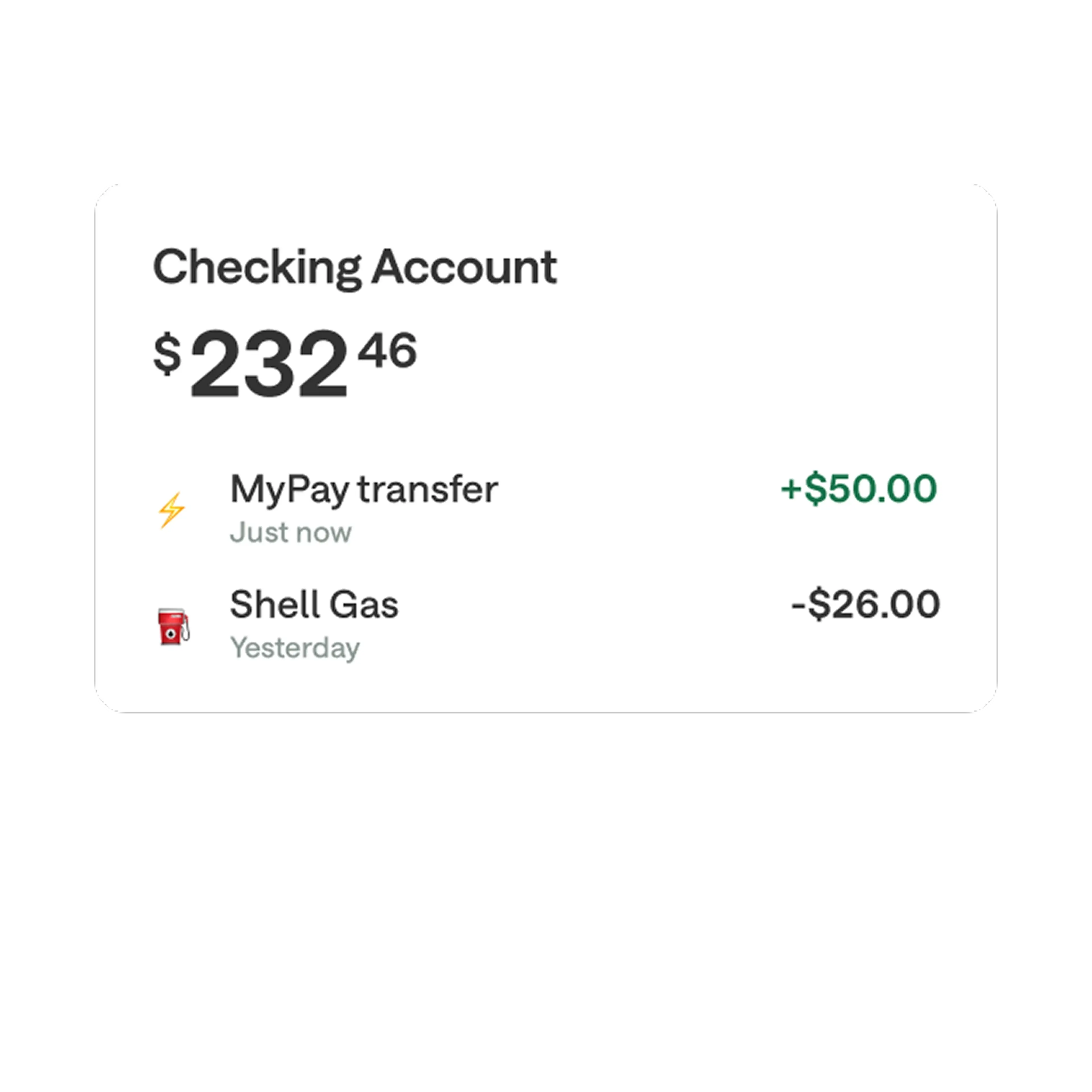 Chime app screen showing checking account balance of $232.46 with recent MyPay deposit and Shell Gas purchase.
