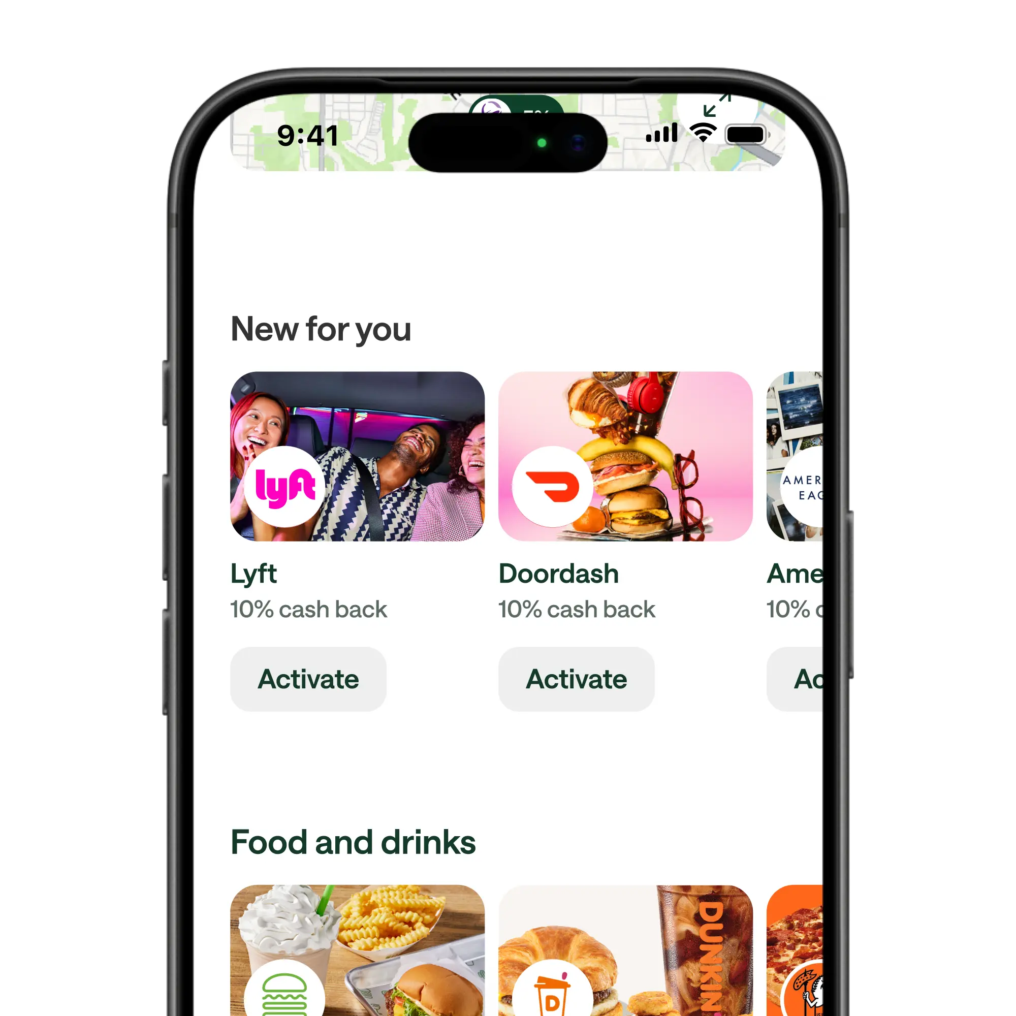 A smartphone screen showing a rewards app with Lyft and DoorDash offering 10% cash back, with Activate buttons below each.