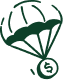 A dark green illustrated parachute with a hand holding a dollar sign coin descending below it.