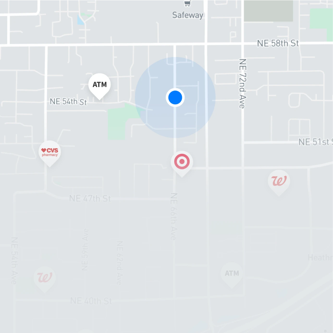 Map view showing nearby fee-free ATMs with a location marker.