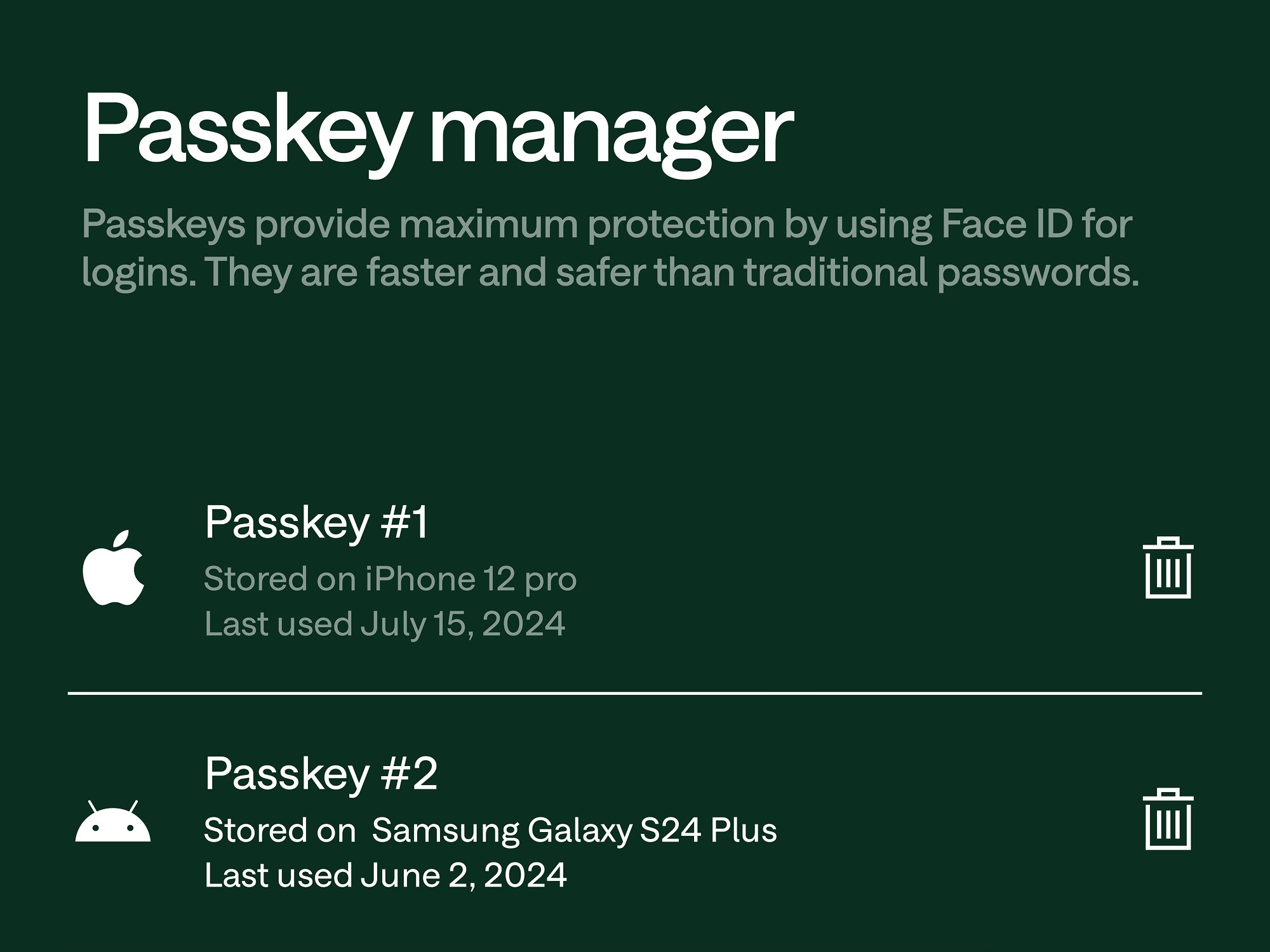 Passkey manager screen showing two passkeys stored on an iPhone 12 Pro and Samsung Galaxy S24 Plus on a dark green background.
