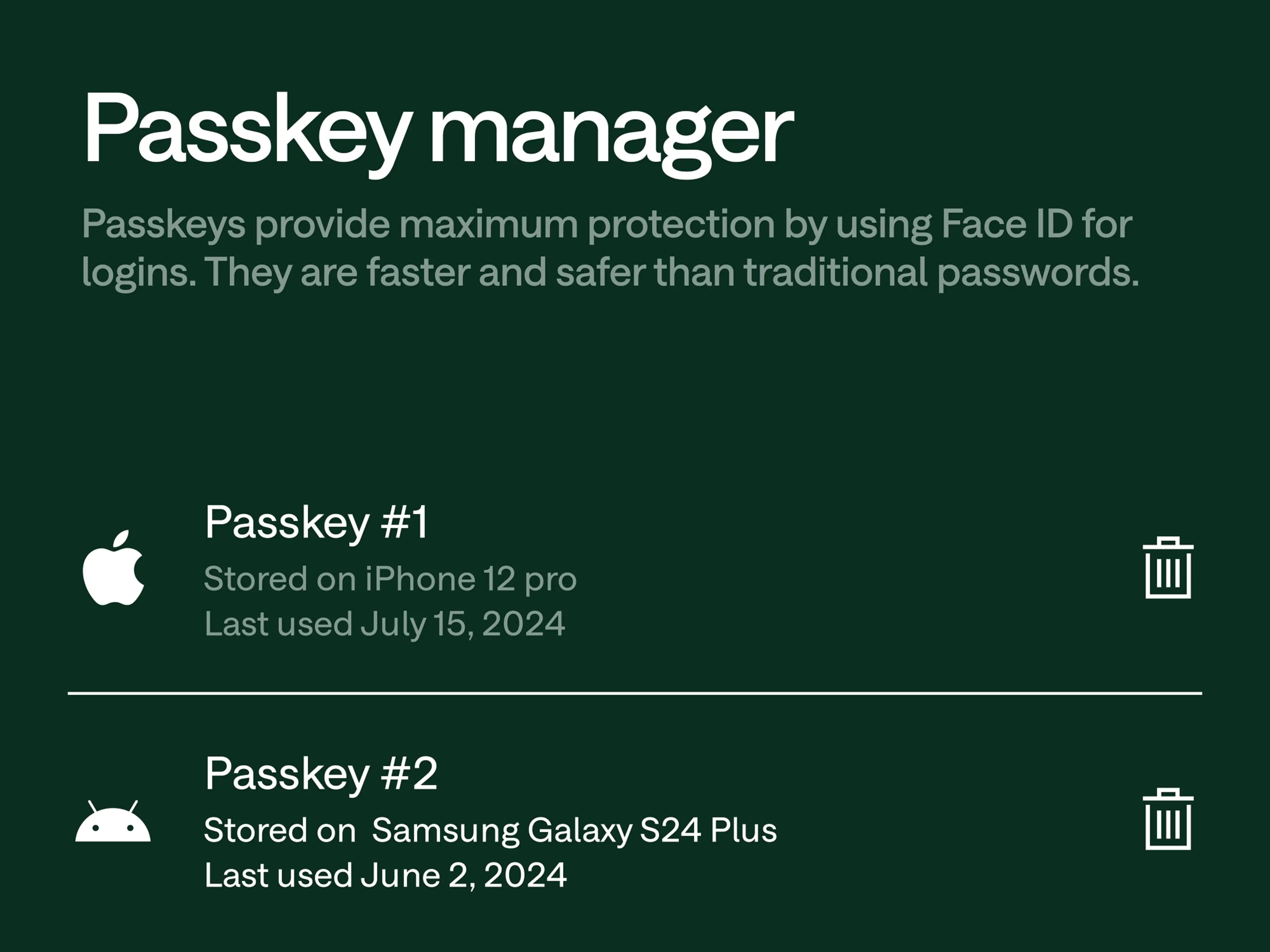 Passkey manager screen showing two passkeys stored on an iPhone 12 Pro and Samsung Galaxy S24 Plus on a dark green background.