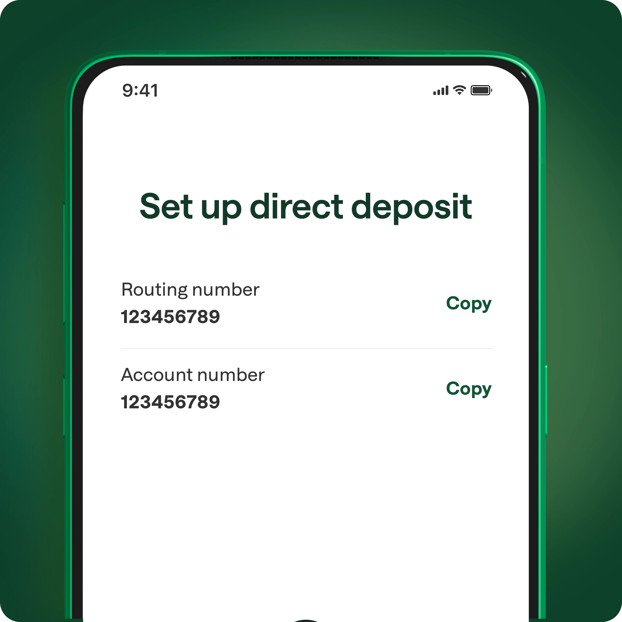Mobile banking app screen showing "Set up direct deposit" page with routing and account numbers and copy buttons.