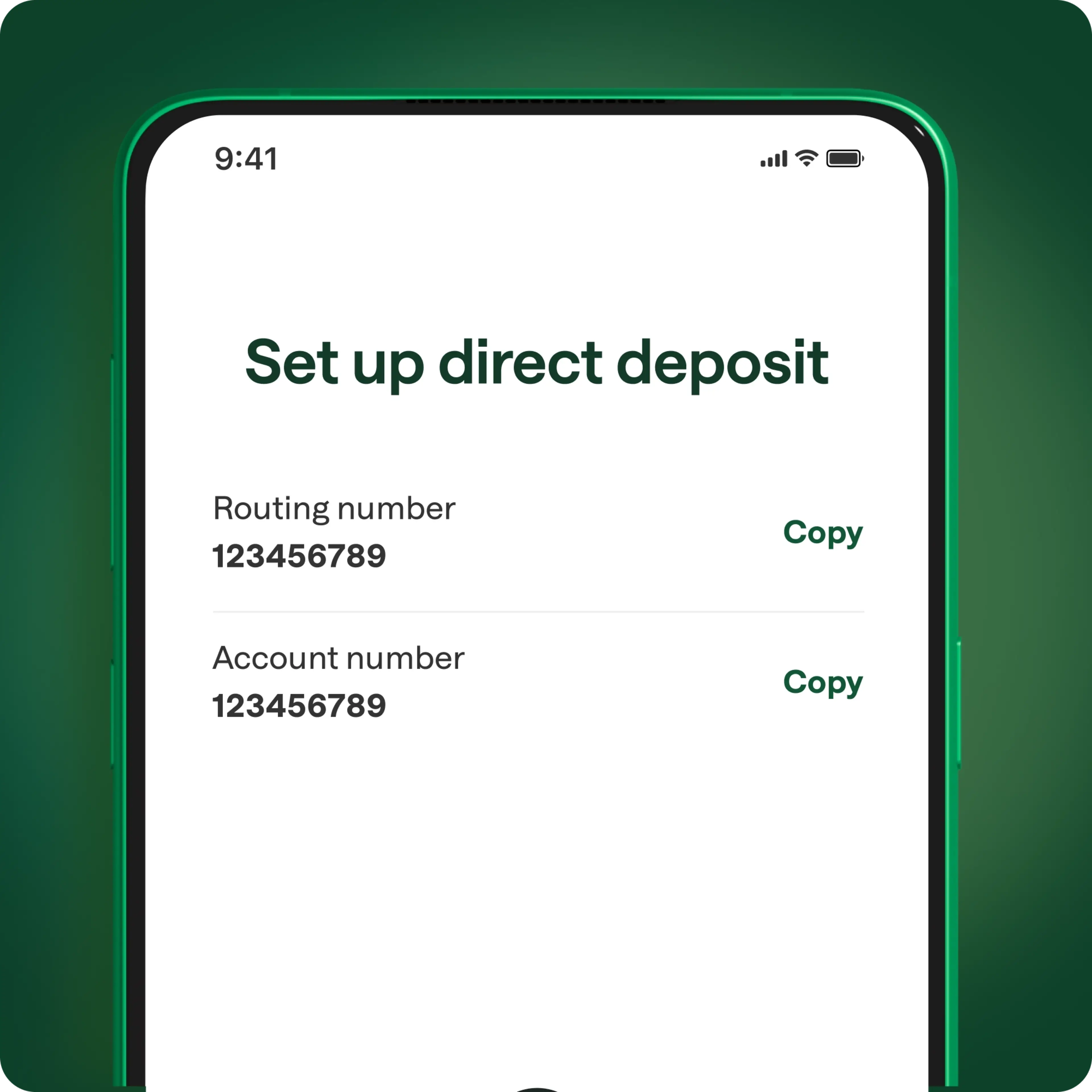 Mobile banking app screen showing "Set up direct deposit" page with routing and account numbers and copy buttons.