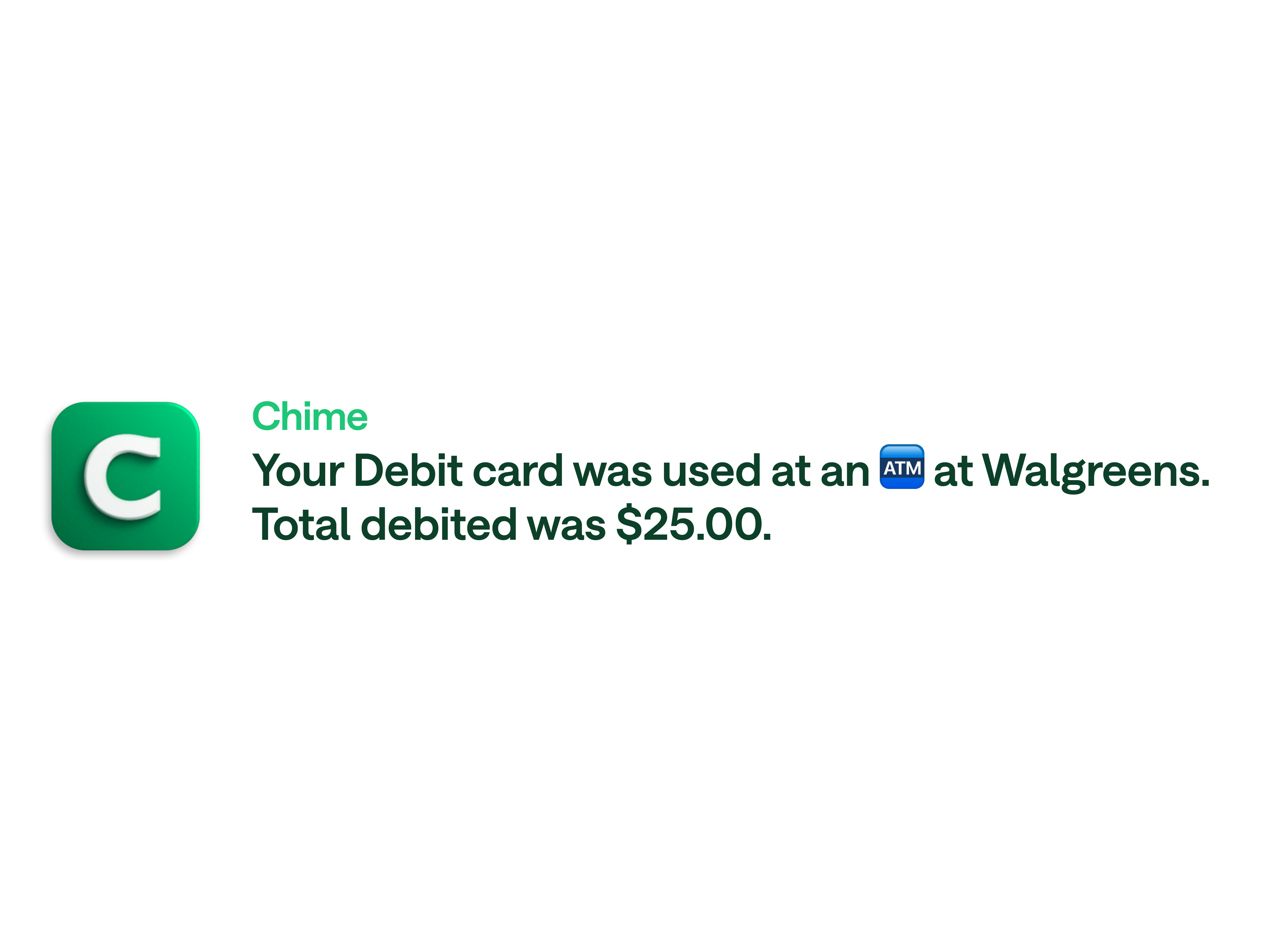 A Chime notification stating that a debit card was used at an ATM.