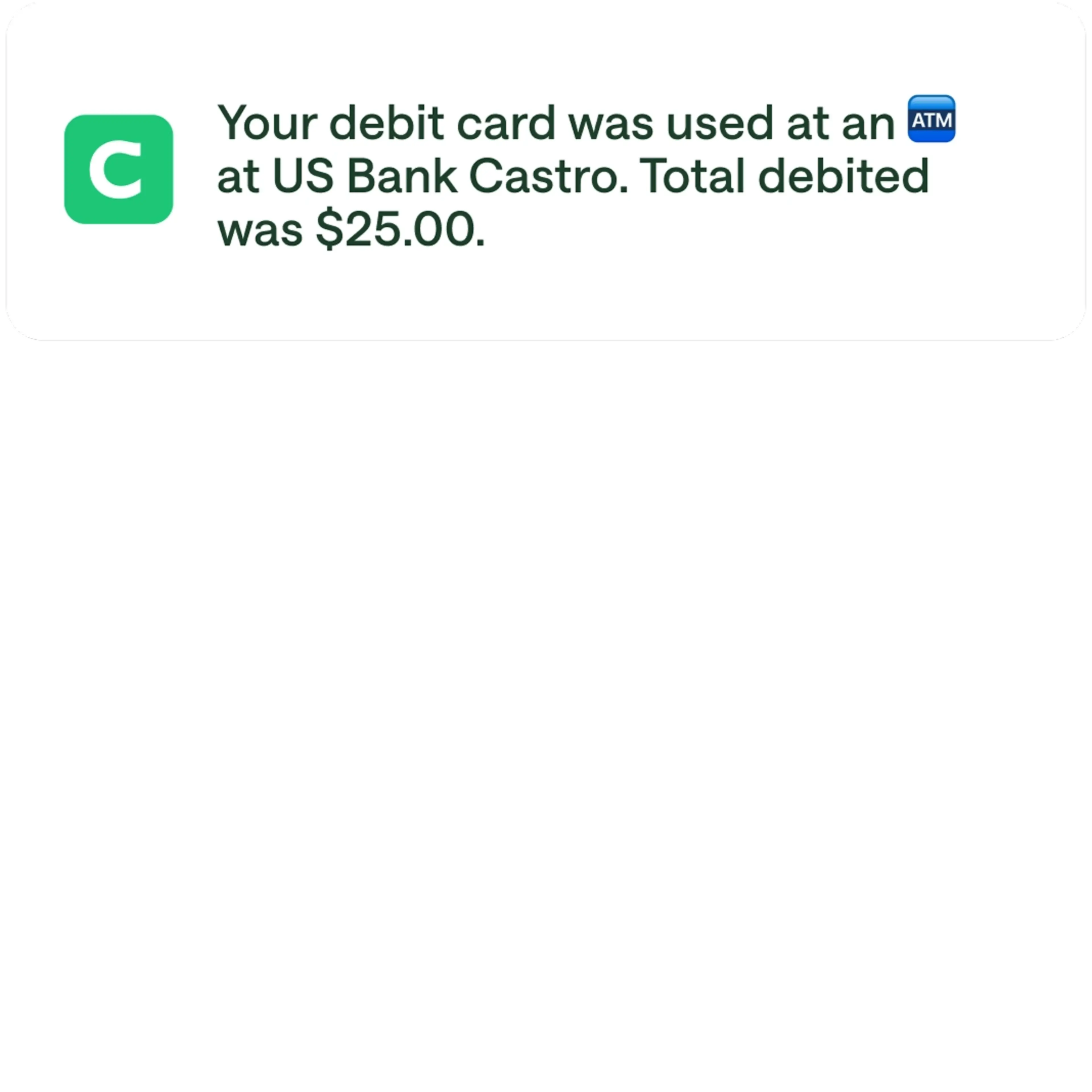 A Chime notification stating that a debit card was used at an ATM.