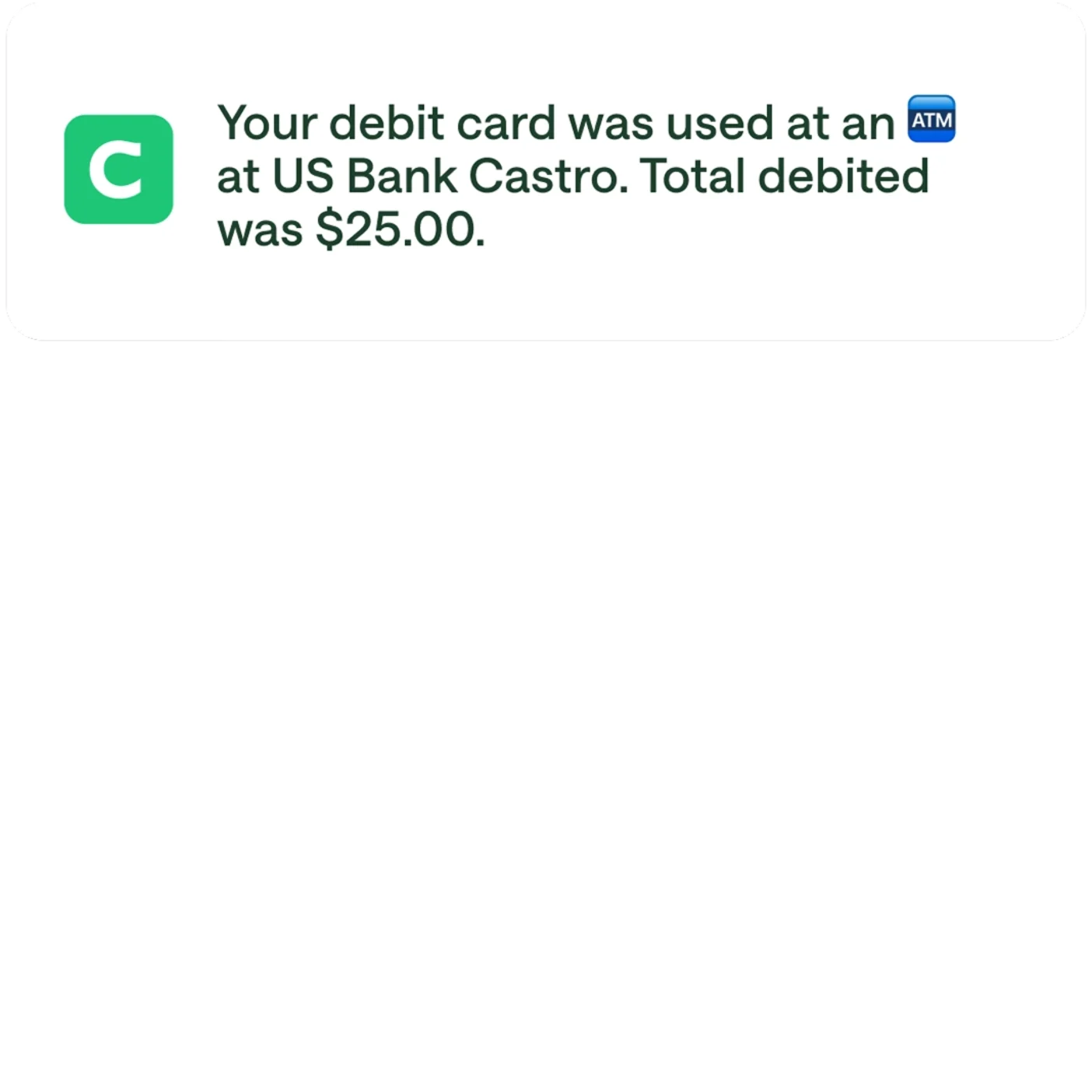 A Chime notification stating that a debit card was used at an ATM.
