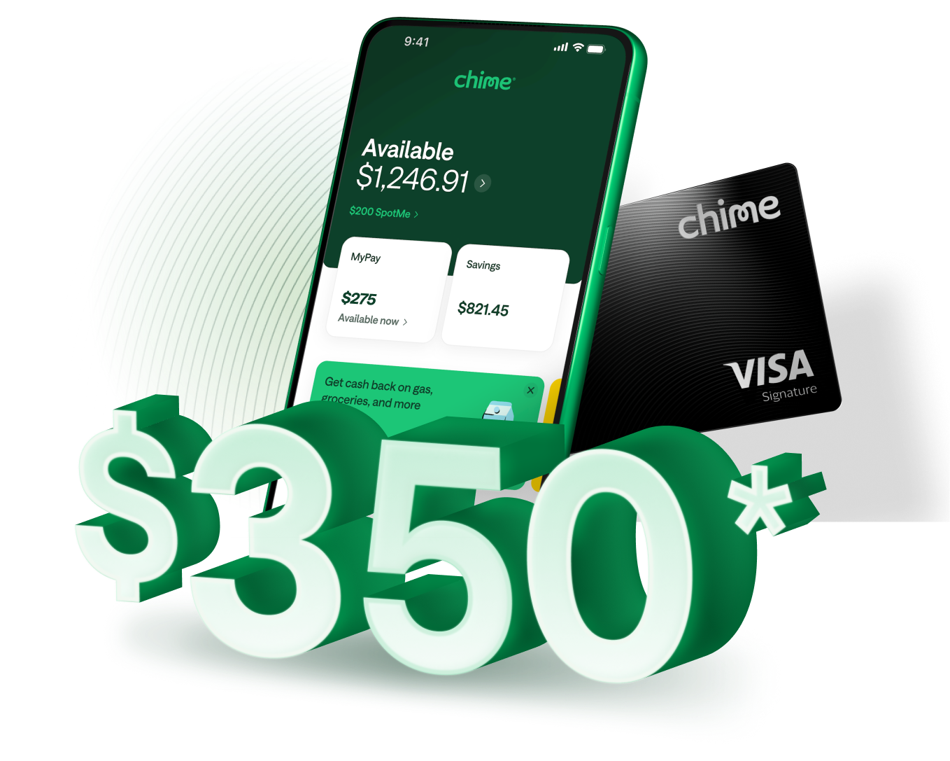 Chime promotional graphic showing $350 bonus offer with Chime Visa debit card and mobile banking interface on a green background.