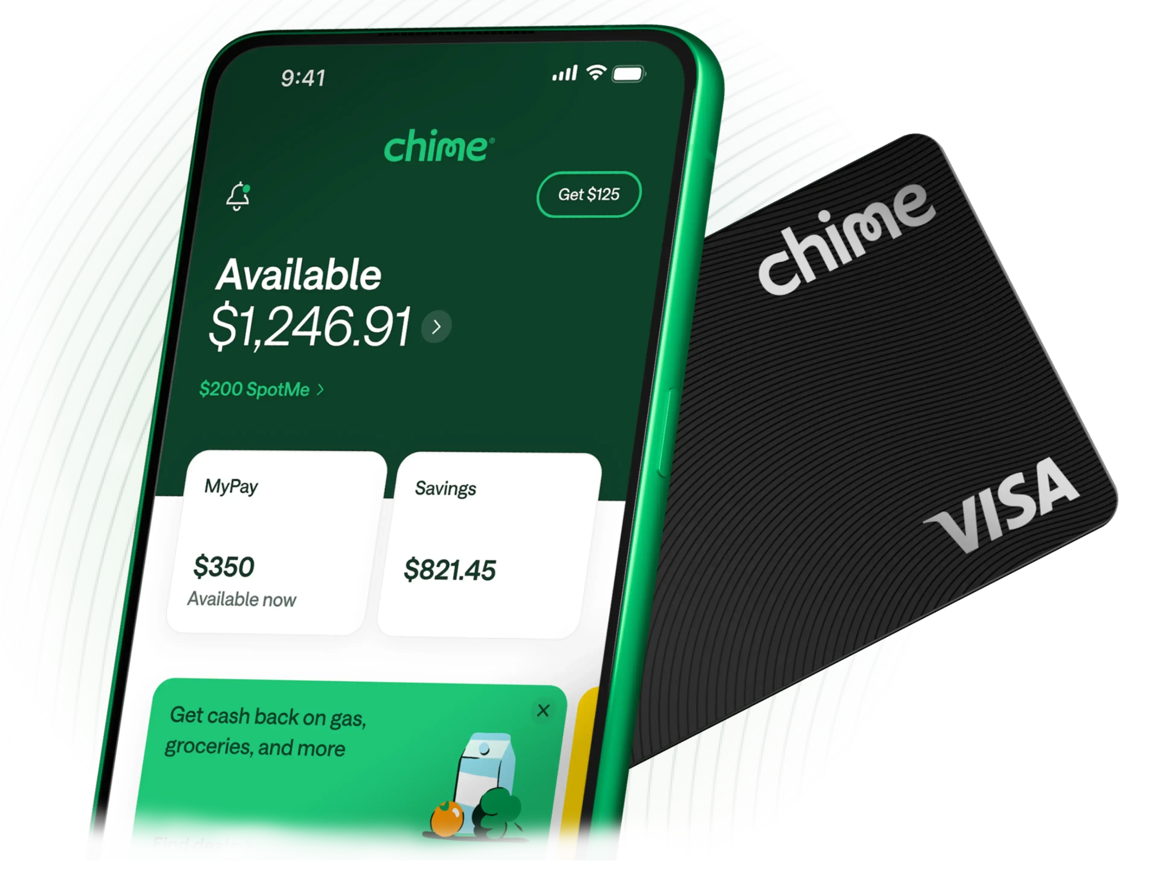 Chime app and black Visa Chime Card promotional image showing $1,246.91 balance, $350 MyPay availability, and cashback offers for gas and groceries.