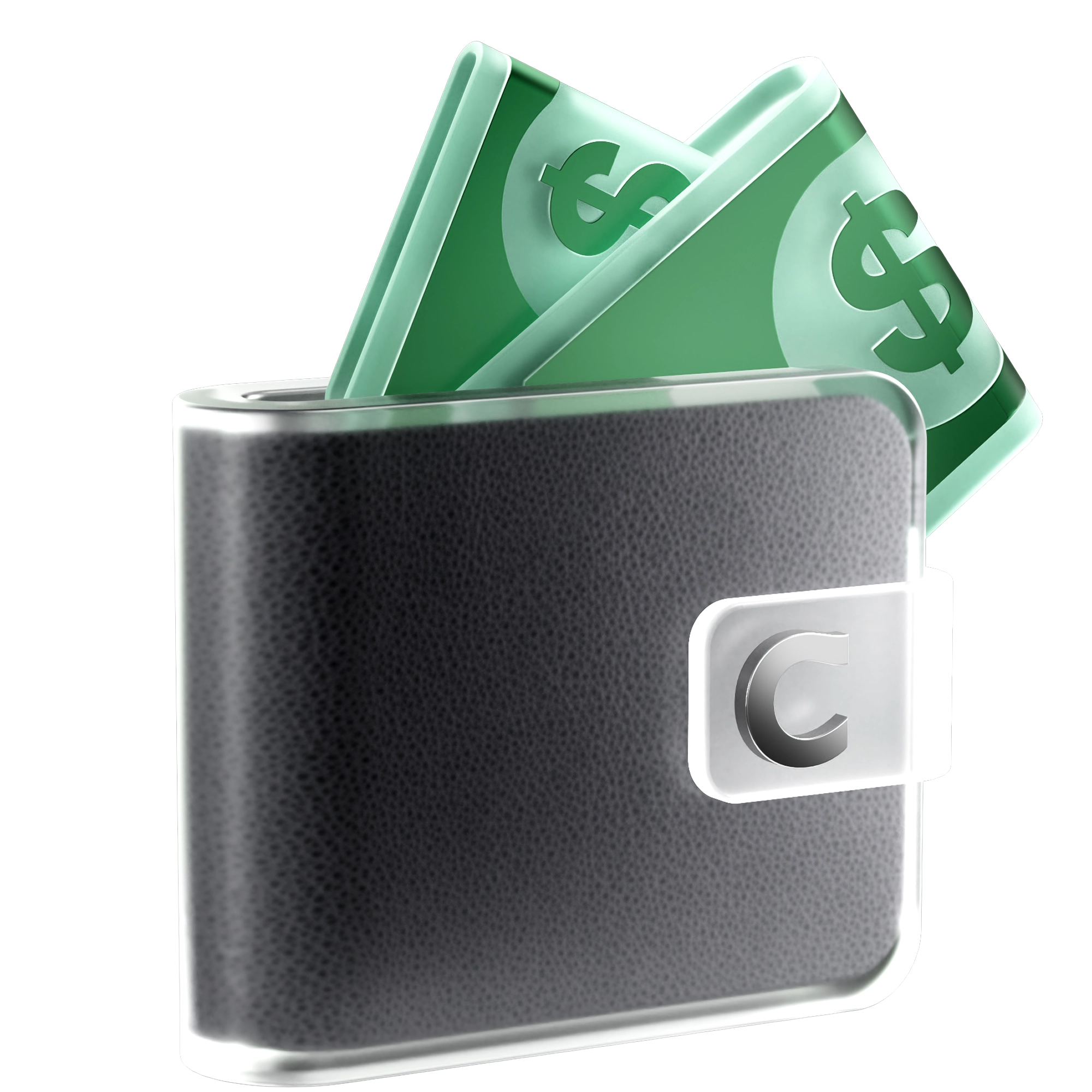 A black leather wallet with green dollar bills sticking out of the top, featuring a silver button clasp.