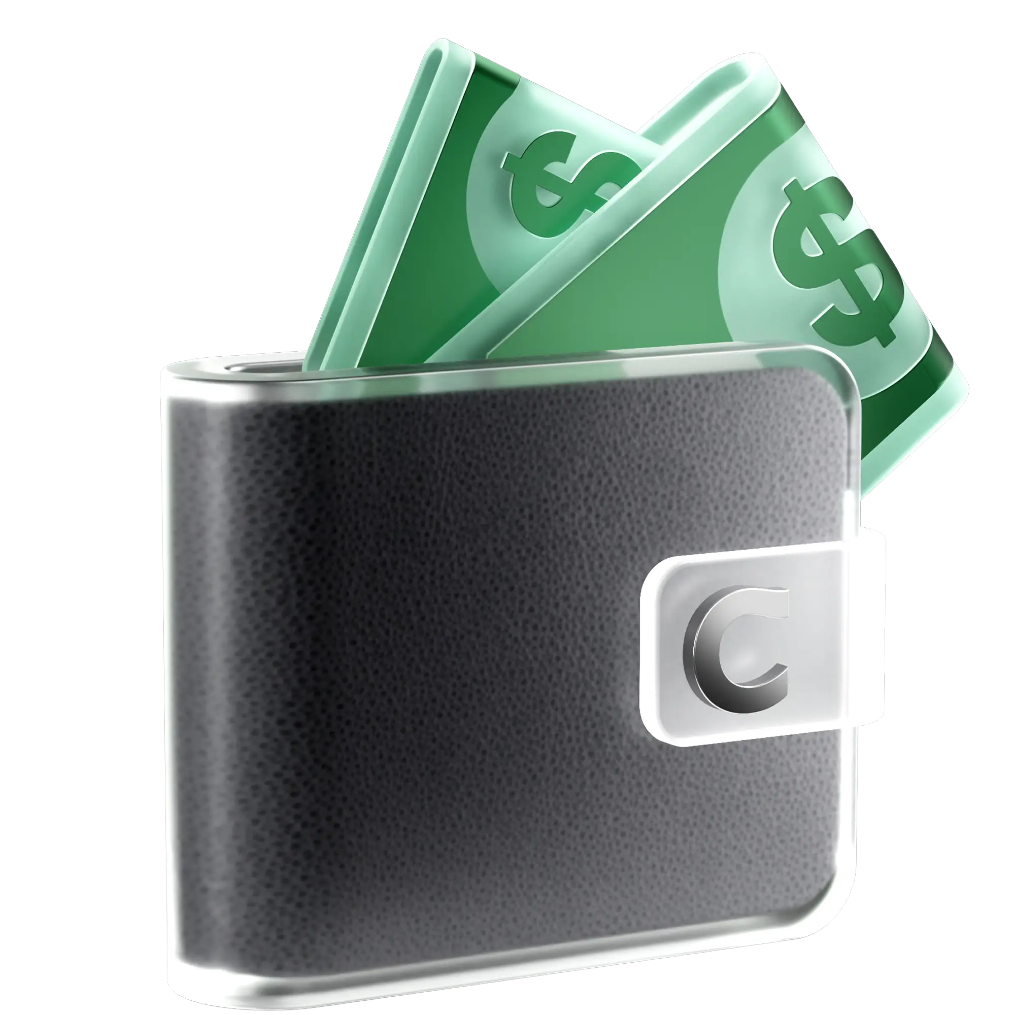 A black leather wallet with green dollar bills sticking out of the top, featuring a silver button clasp.