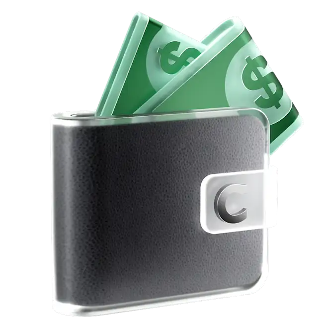A black leather wallet with green dollar bills sticking out of the top, featuring a silver button clasp.