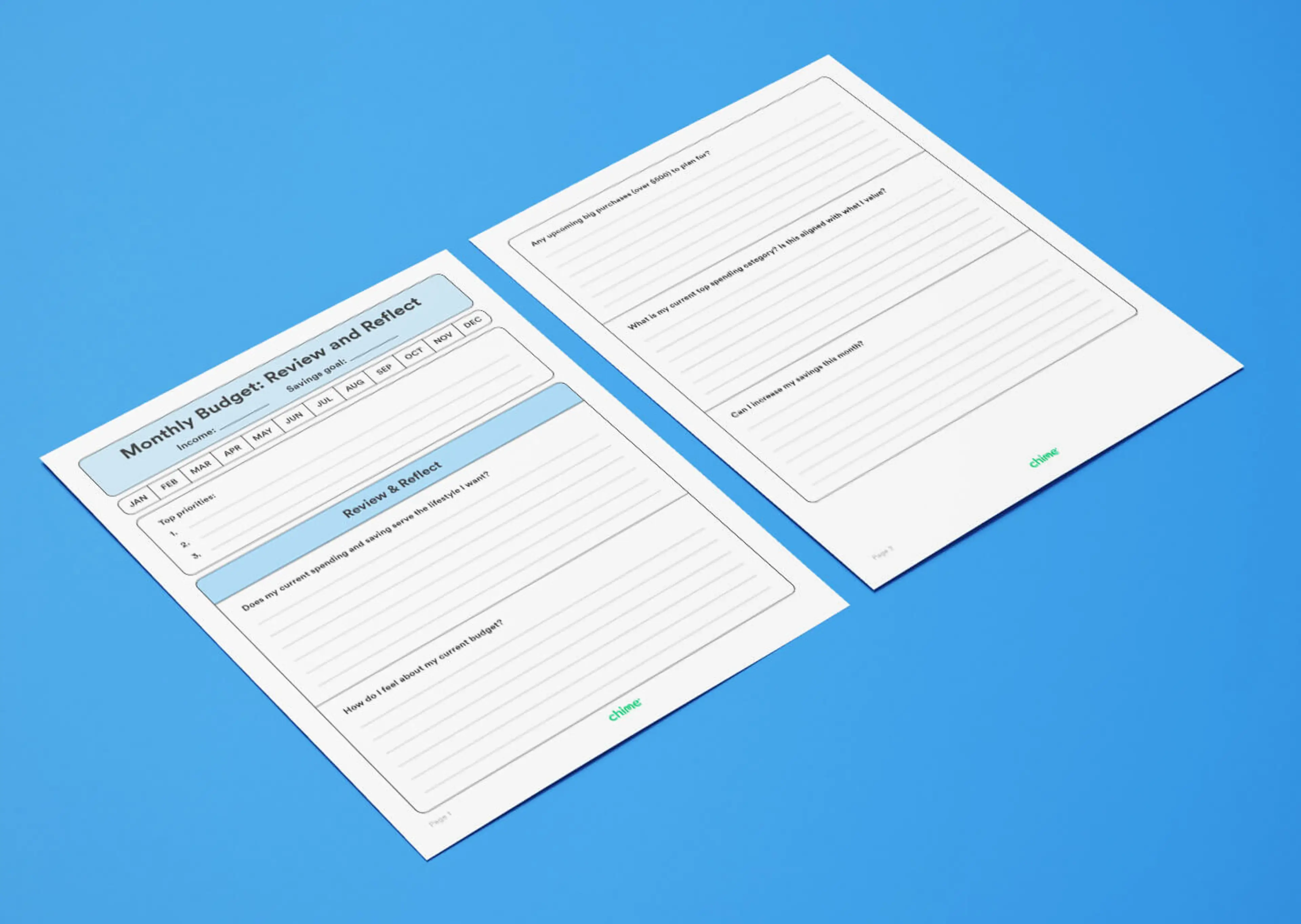 A mockup of a printable budget planner is shown.