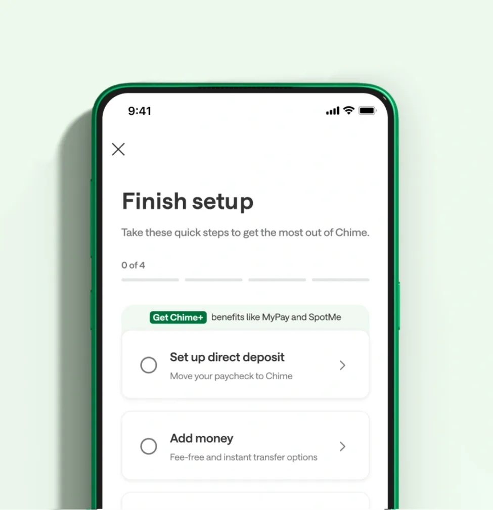 Chime app screen prompting user to finish setup with steps like setting up direct deposit and adding money.