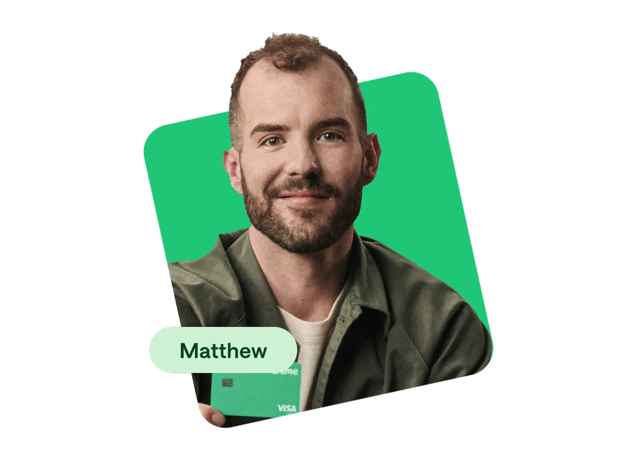 Photo of Matthew holding a green Chime Visa card on a bright green background.