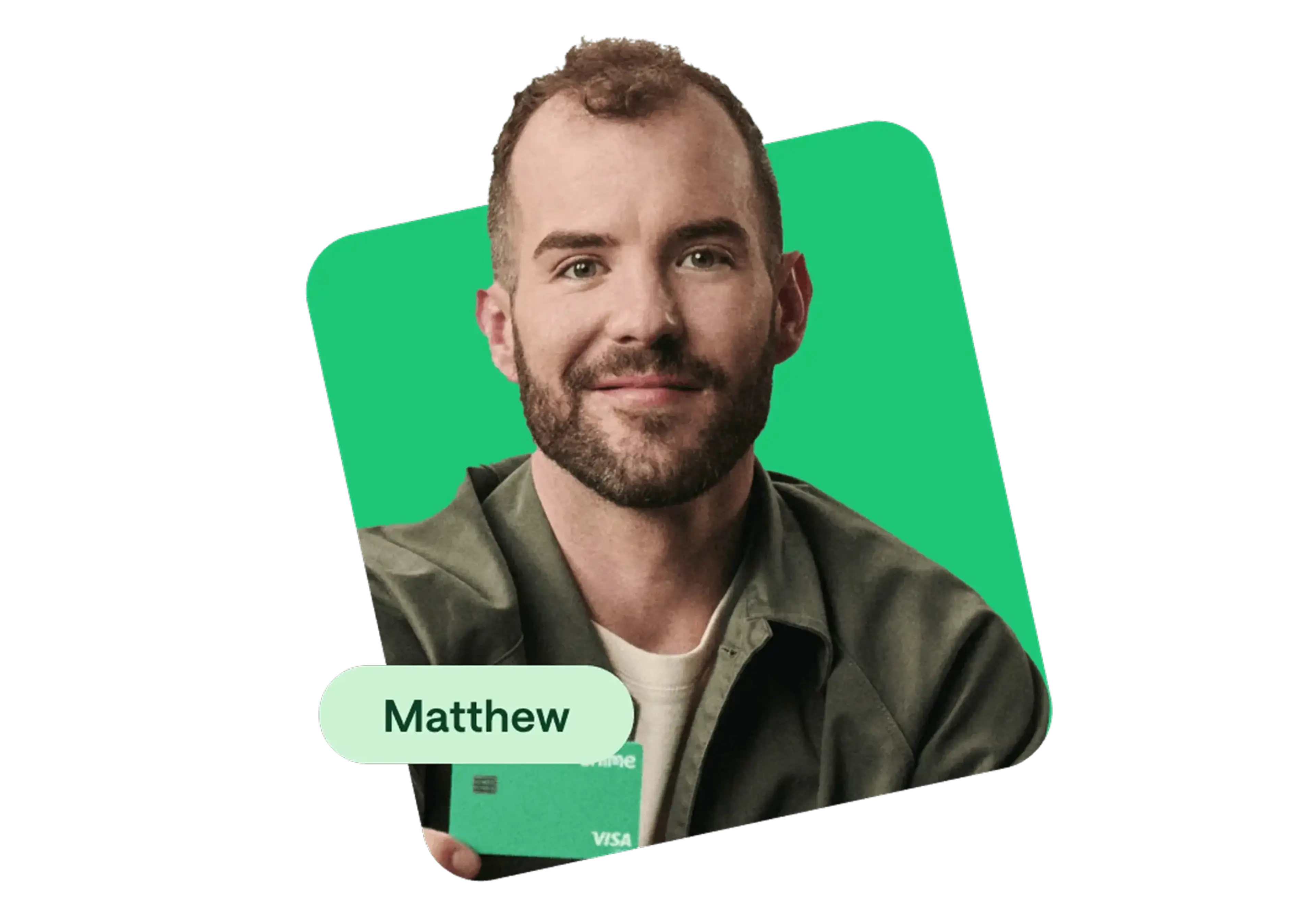 Photo of Matthew holding a green Chime Visa card on a bright green background.