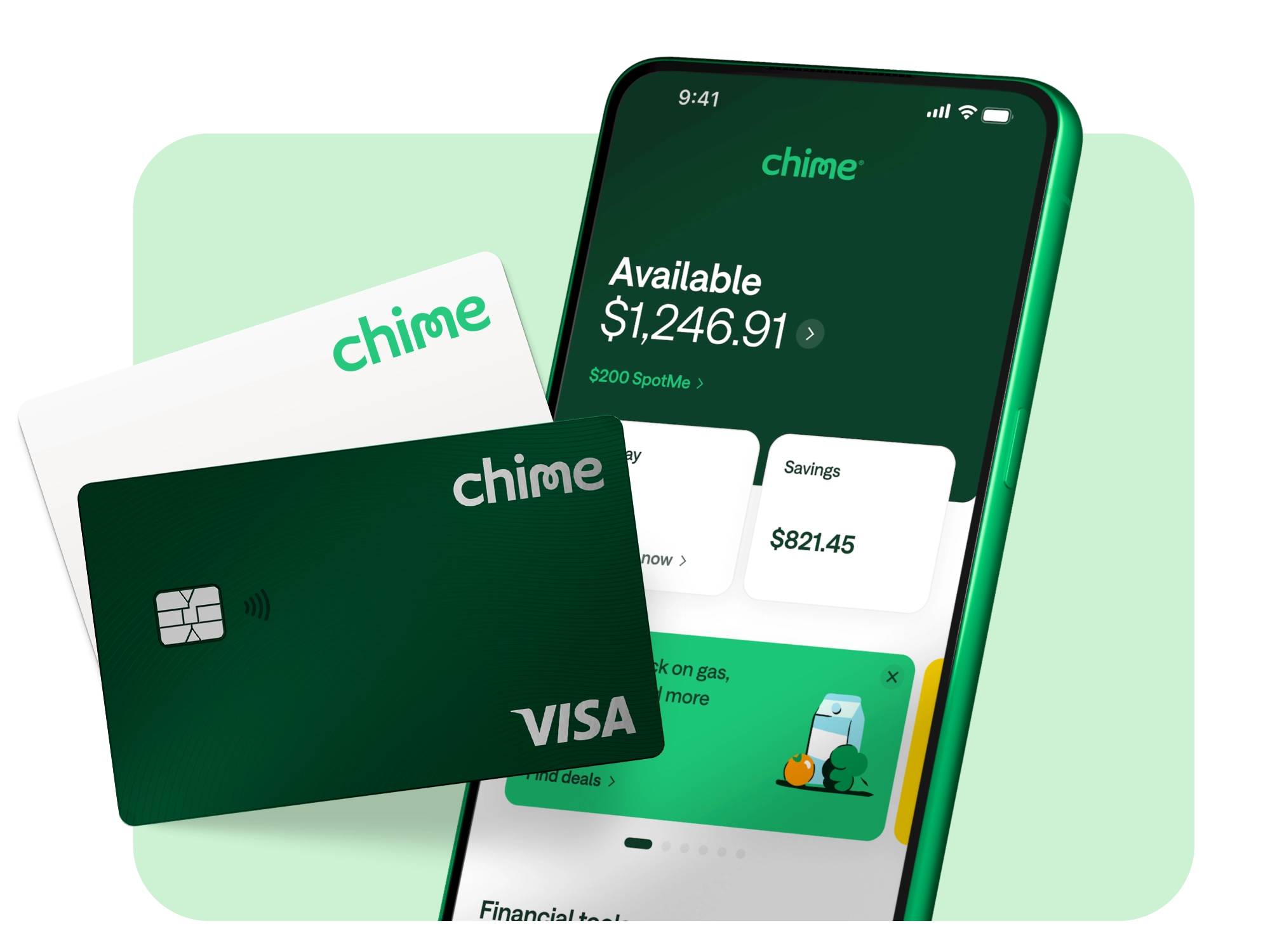 Debit and Chime cards next to a smartphone showing account balances in the Chime app.
