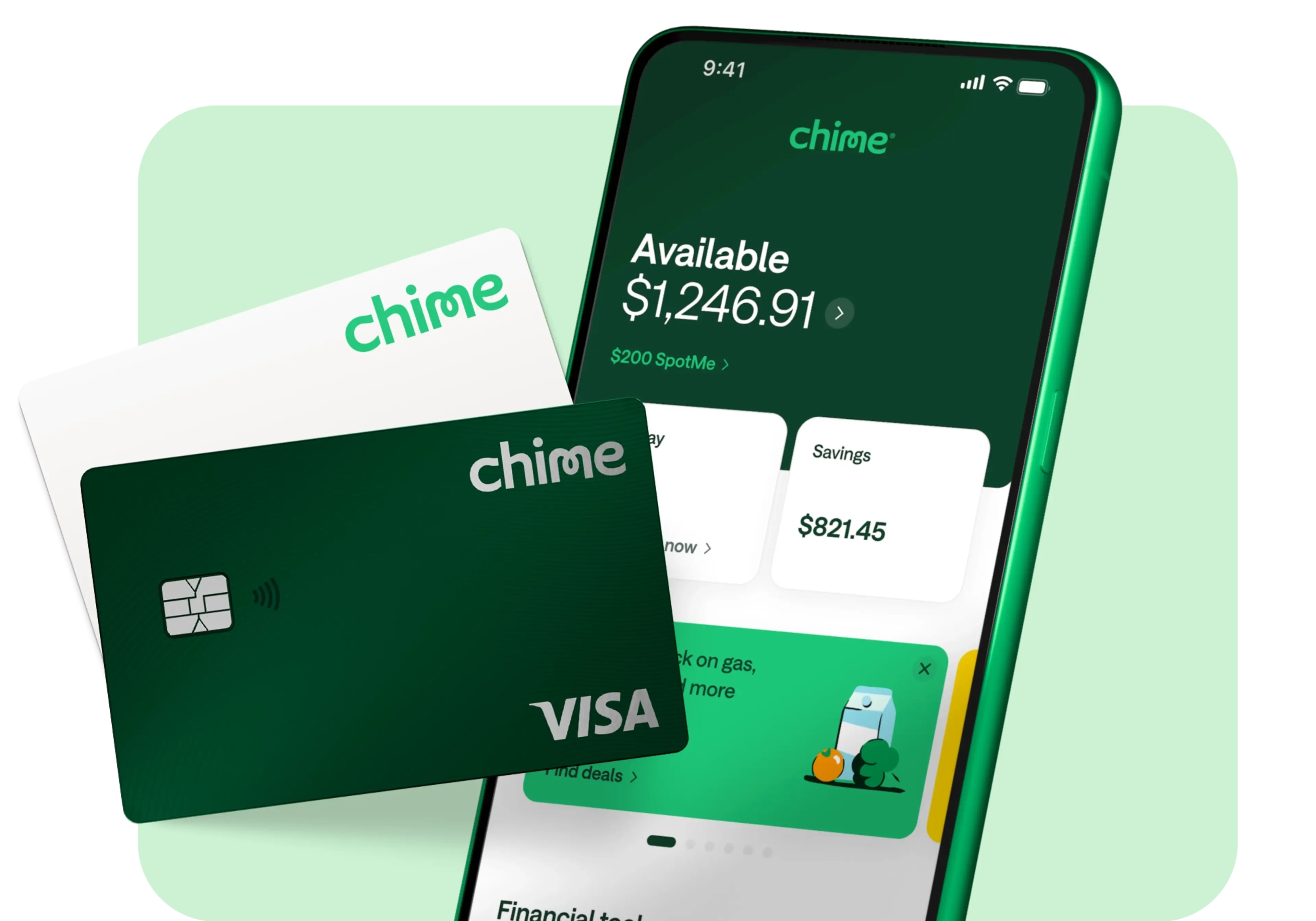 Debit and Chime cards next to a smartphone showing account balances in the Chime app.
