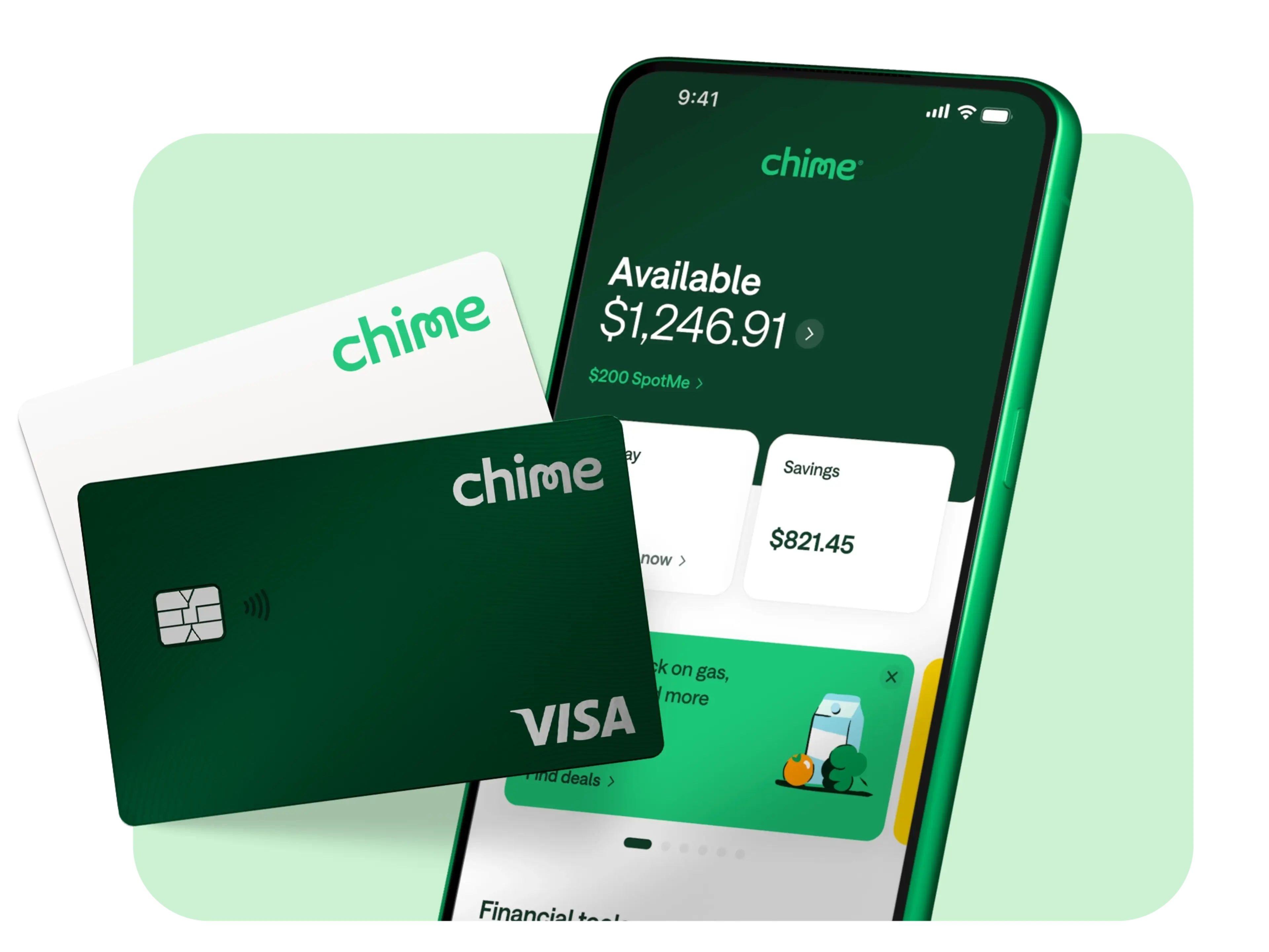 Debit and Chime cards next to a smartphone showing account balances in the Chime app.