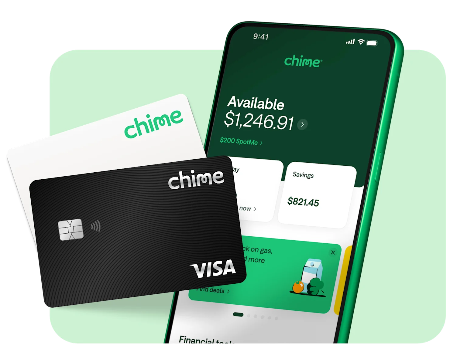 Debit and Chime cards next to a smartphone showing account balances in the Chime app.