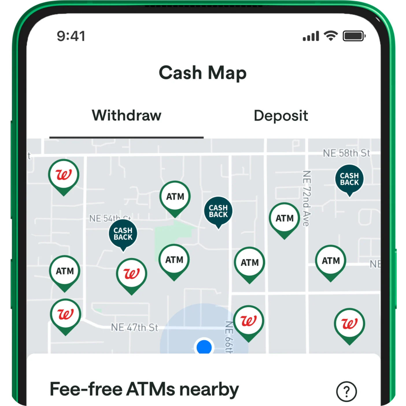 A map of fee-free ATM locations.