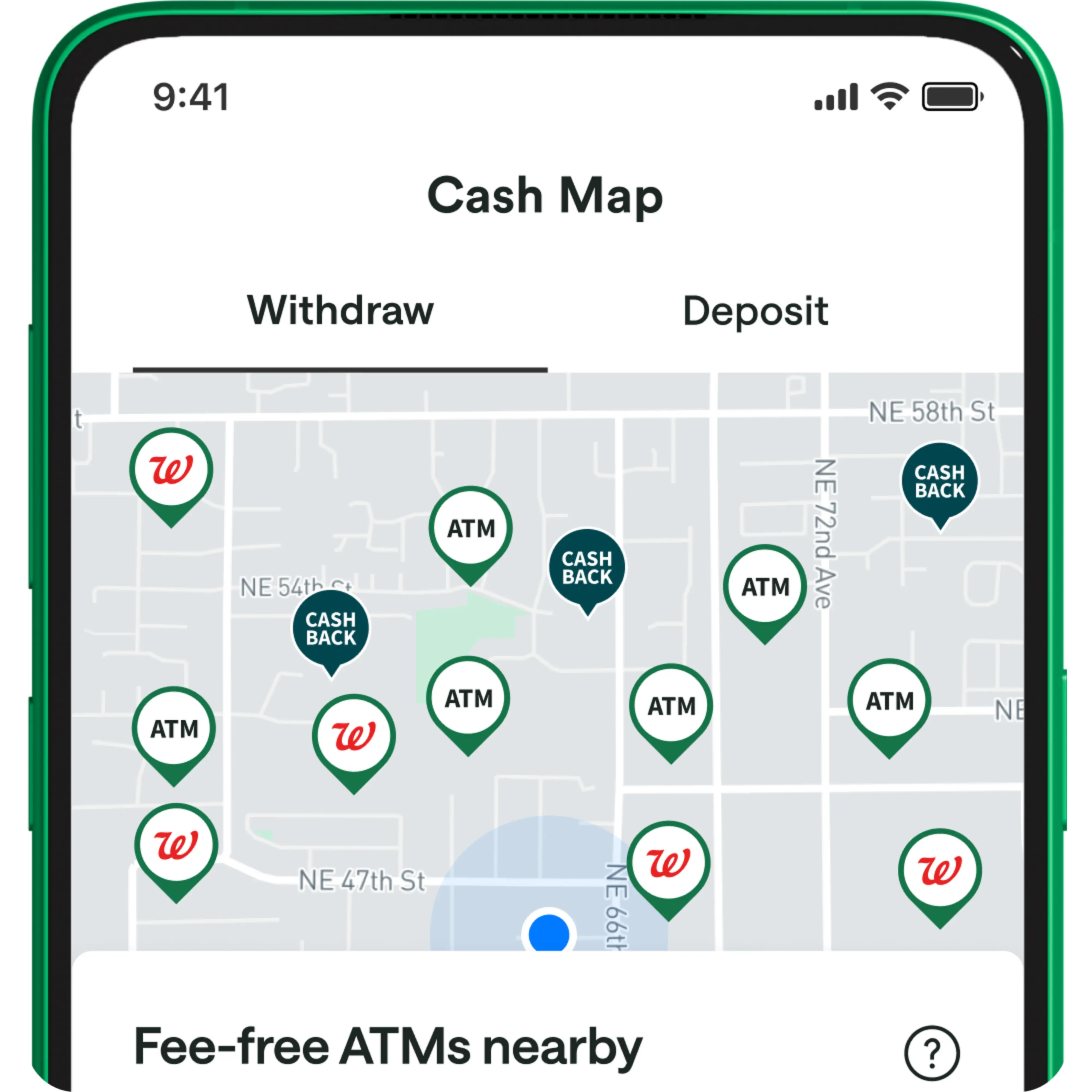 A map of fee-free ATM locations.