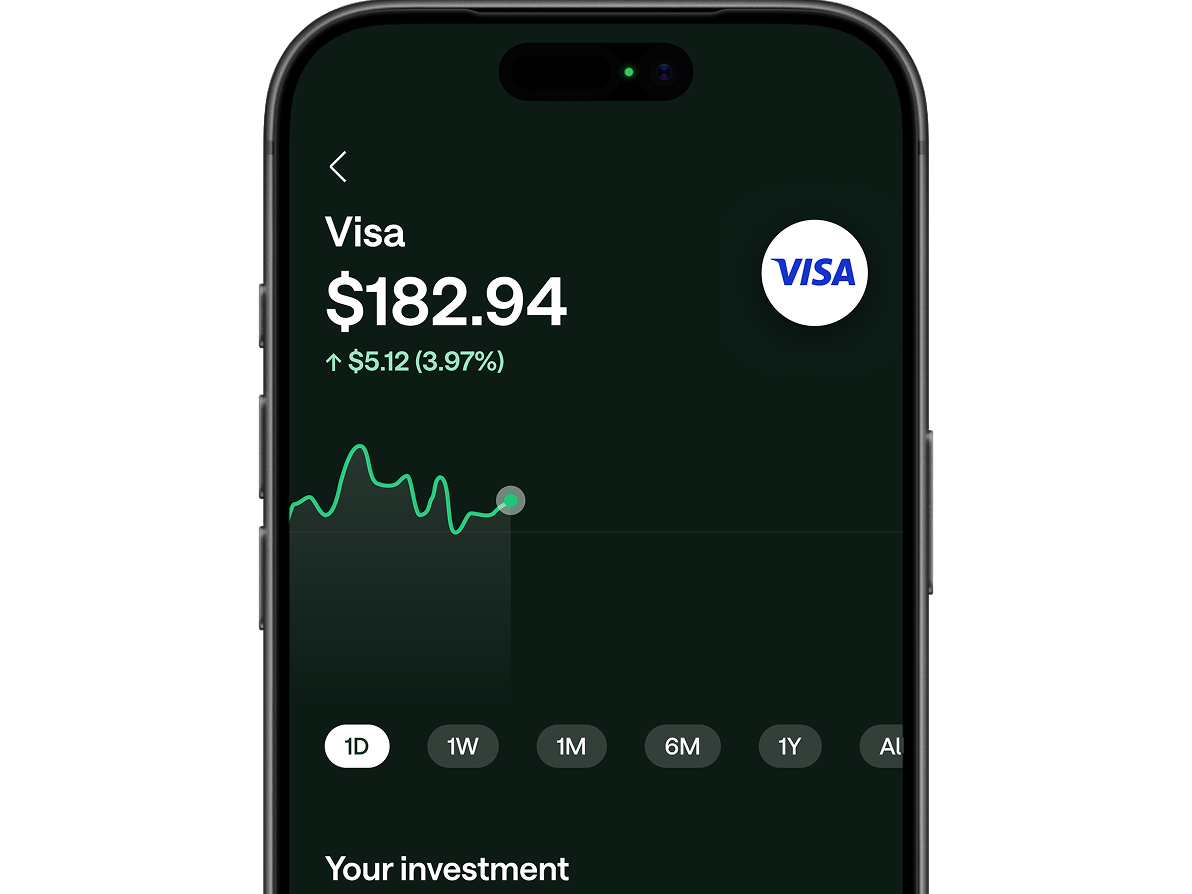 Smartphone displaying a stock trading app showing Visa stock at $182.94, up $5.12 (3.97%), with a green price chart.