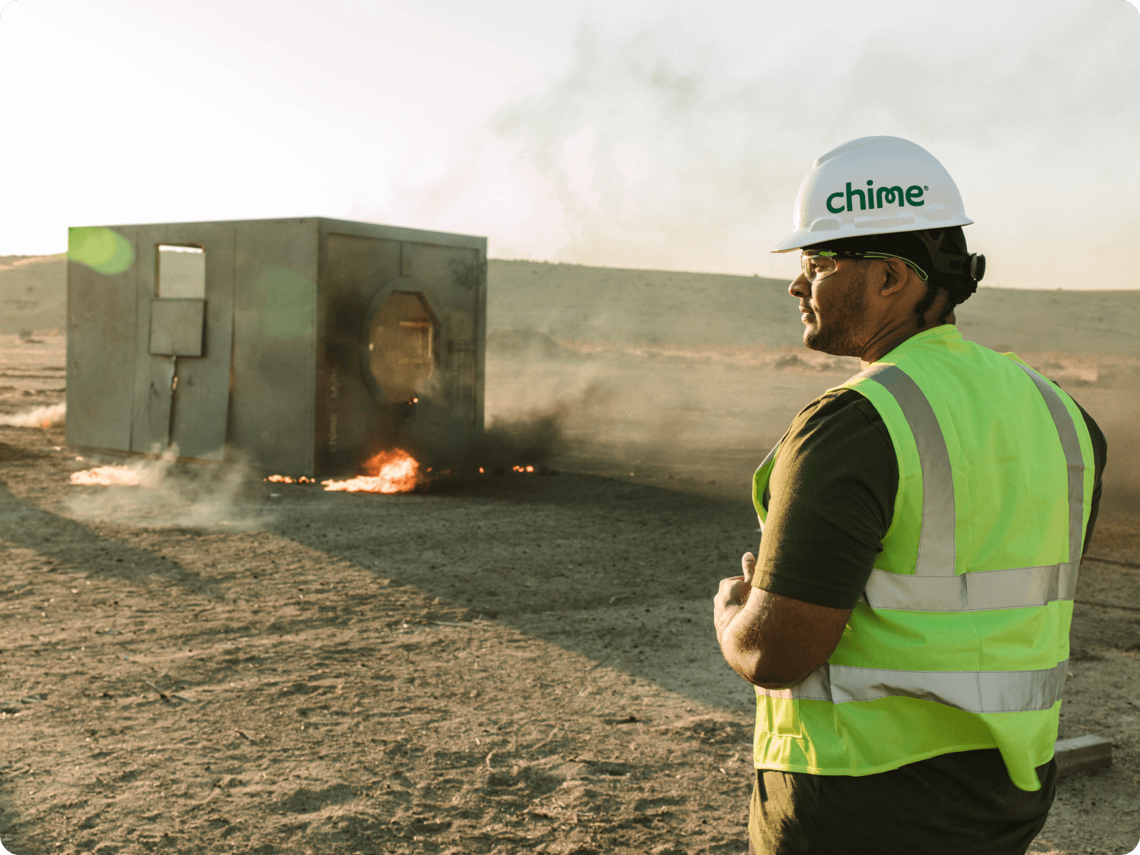 Funam wears a Chime consctruction hat after destroying the MyPay Vault.