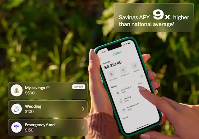 Hands holding a phone displaying the Chime savings app with $6,210.45 balance and savings goals listed.